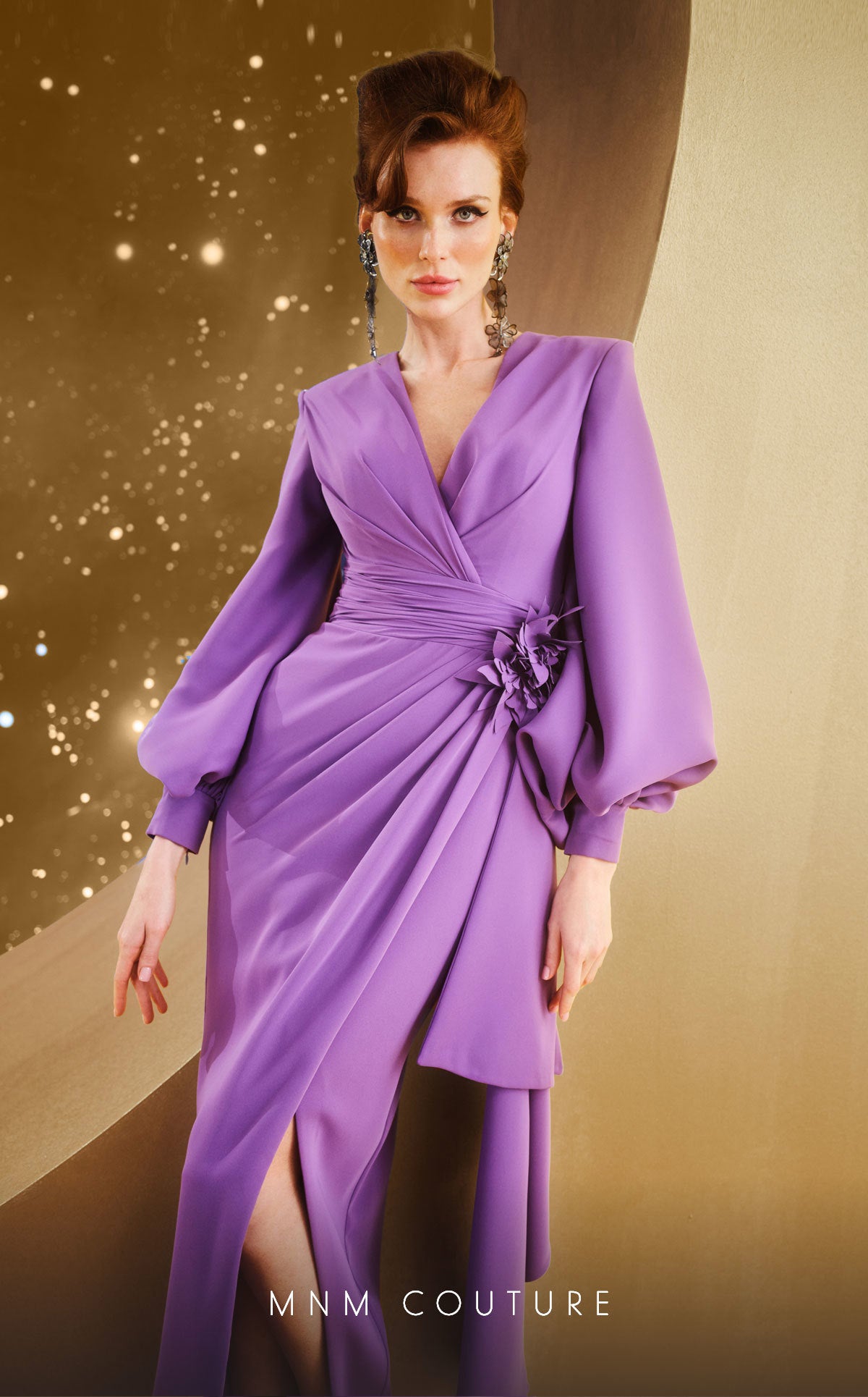 MNM Couture F02866 Long Puff Sleeve Formal Applique Evening Dress