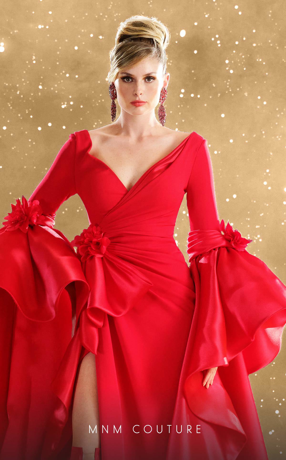 Mother of the Bride Dresses Long Sleeve Formal Slit Ruffle Mother of the Bride Dress MNM Couture F02879 Red