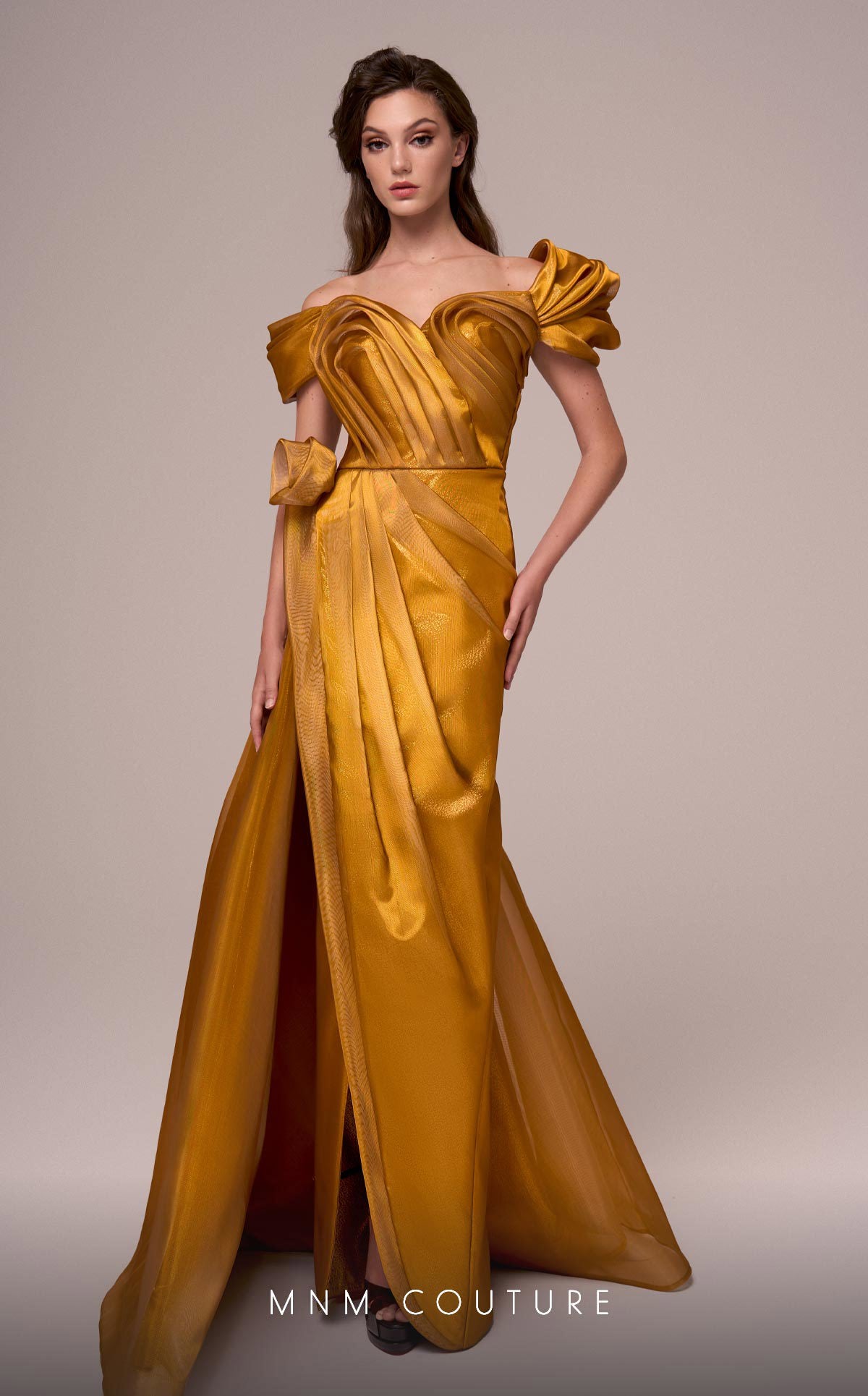 Formal Dresses Metallic Pleated Long Formal Slit Dress MNM Couture F02884 Gold
