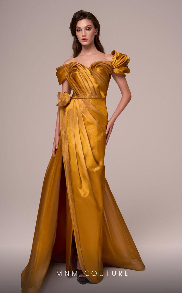 Metallic Pleated Long Formal Slit Dress MNM Couture F02884
