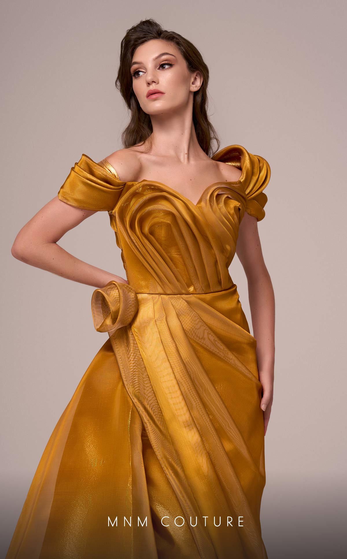 Formal Dresses Metallic Pleated Long Formal Slit Dress MNM Couture F02884 Gold