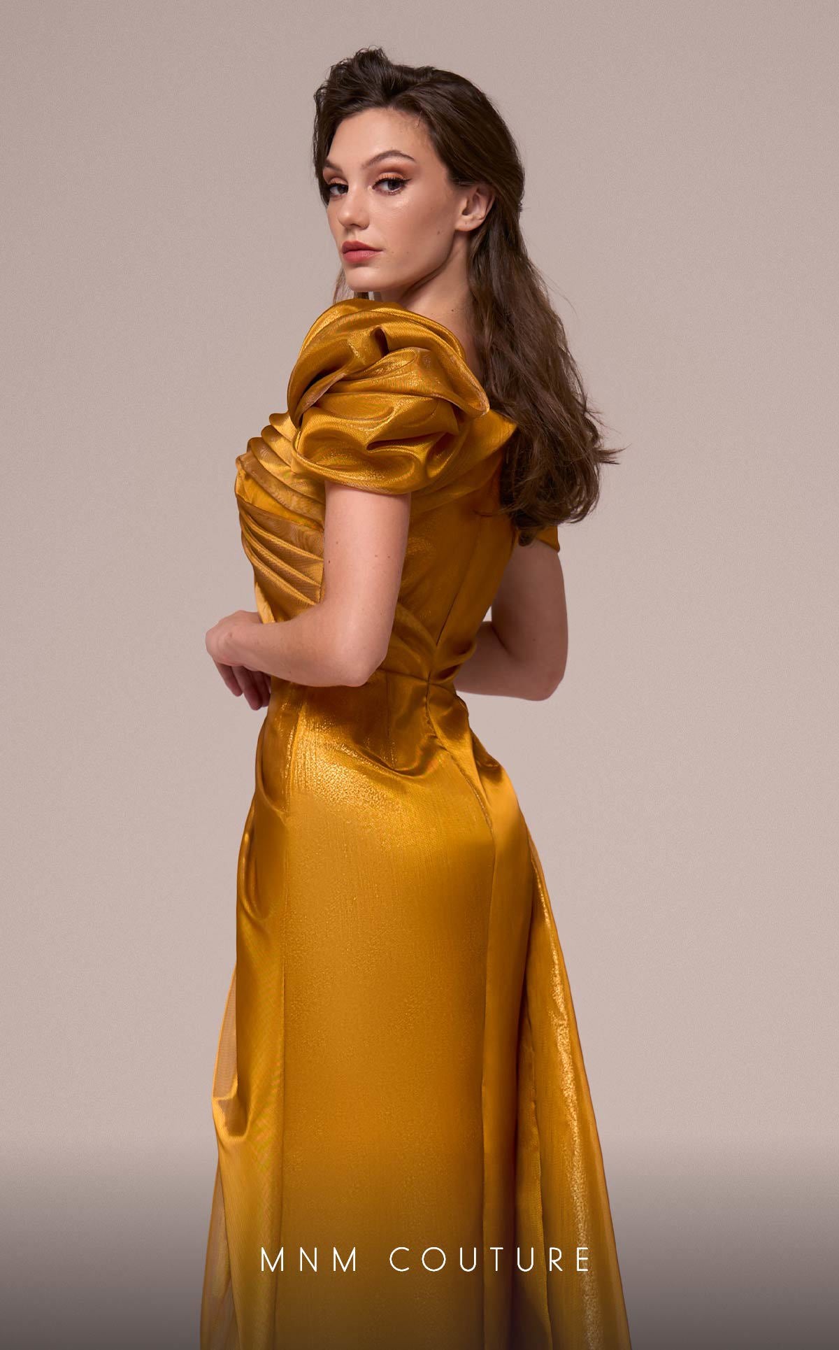 Formal Dresses Metallic Pleated Long Formal Slit Dress MNM Couture F02884 Gold