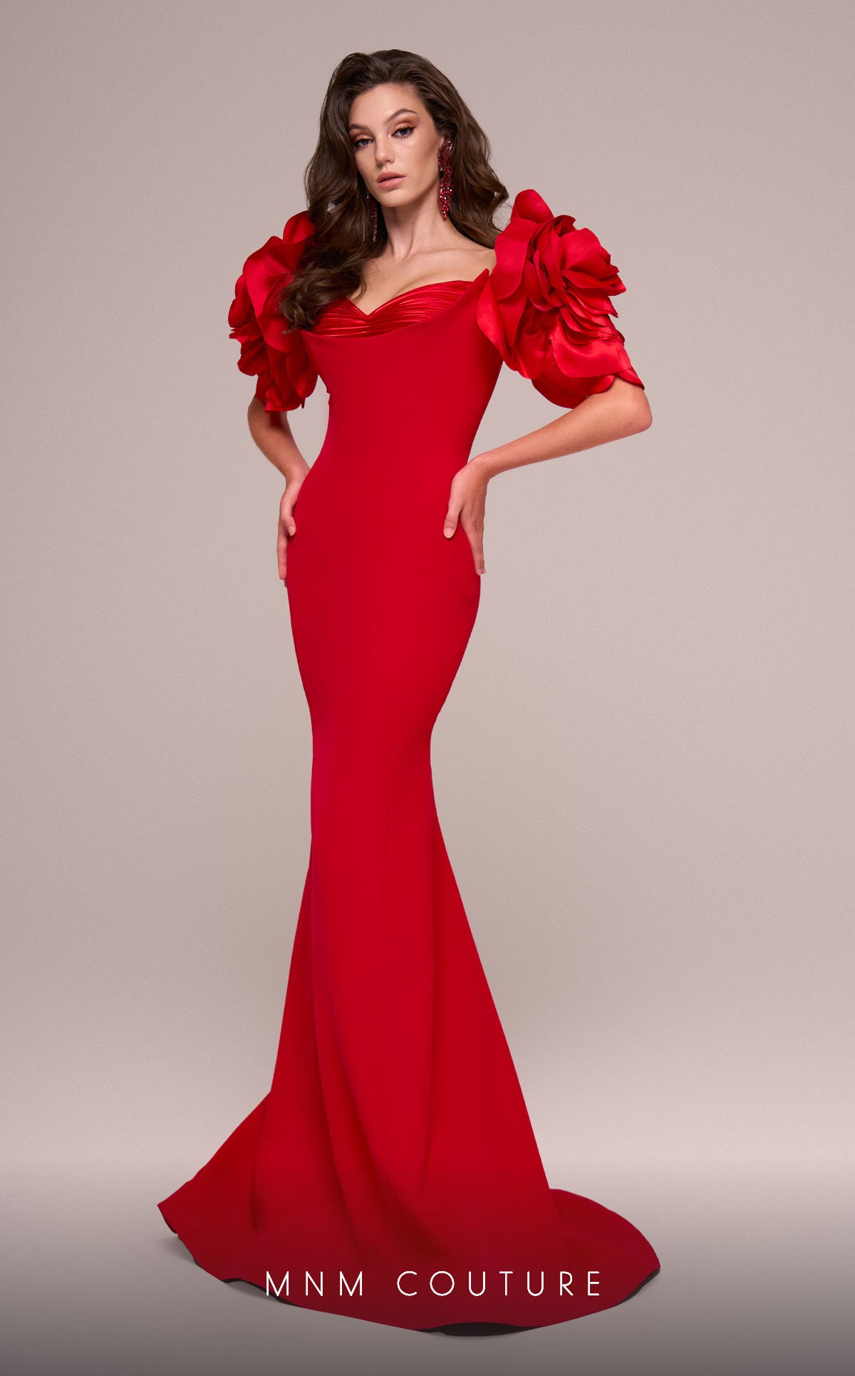 MNM Couture F02886 Fitted Long Formal 3D Floral Appliques Evening Dress