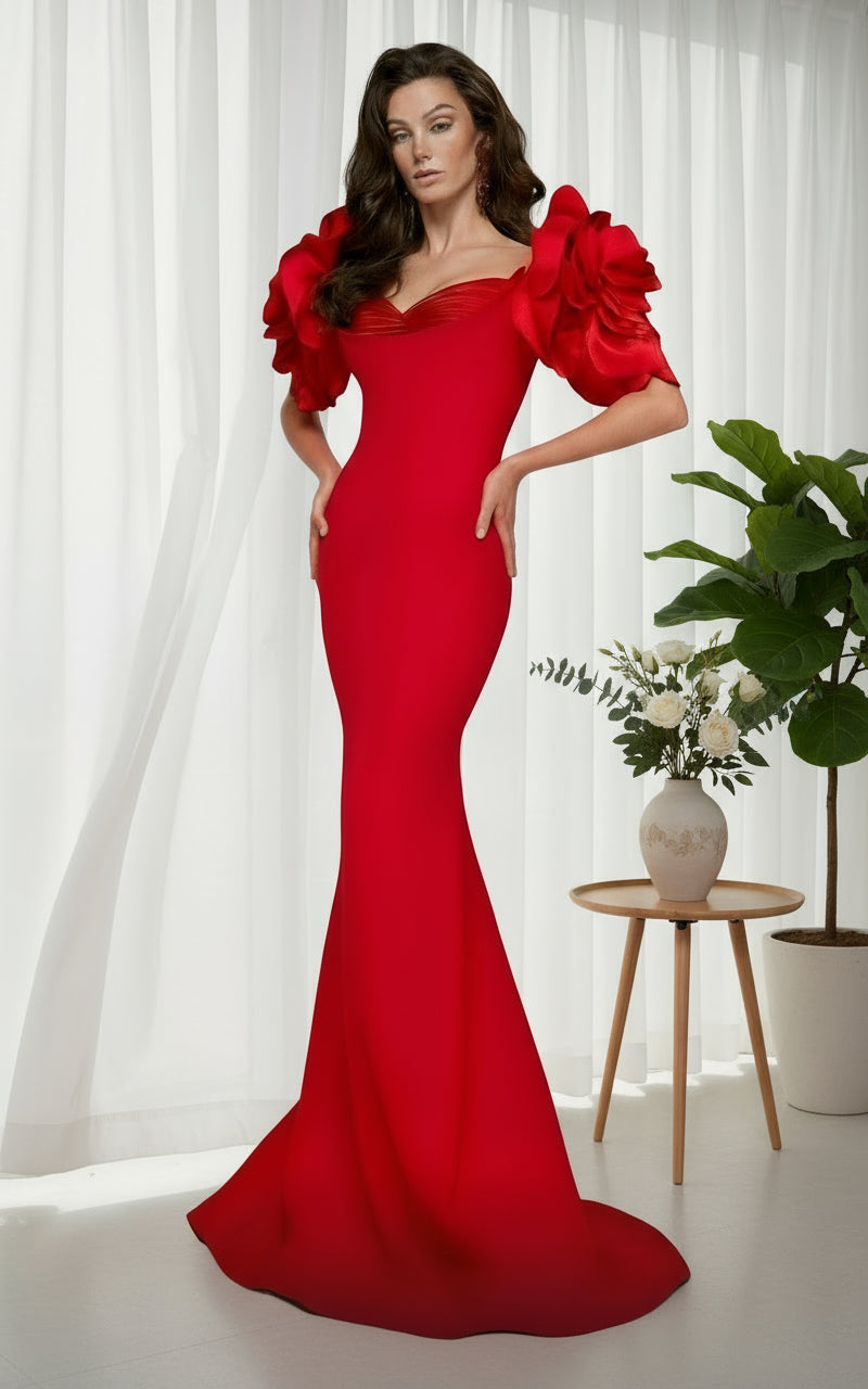 Formal Dresses Fitted Long Formal 3D Floral Appliques Evening Dress Red