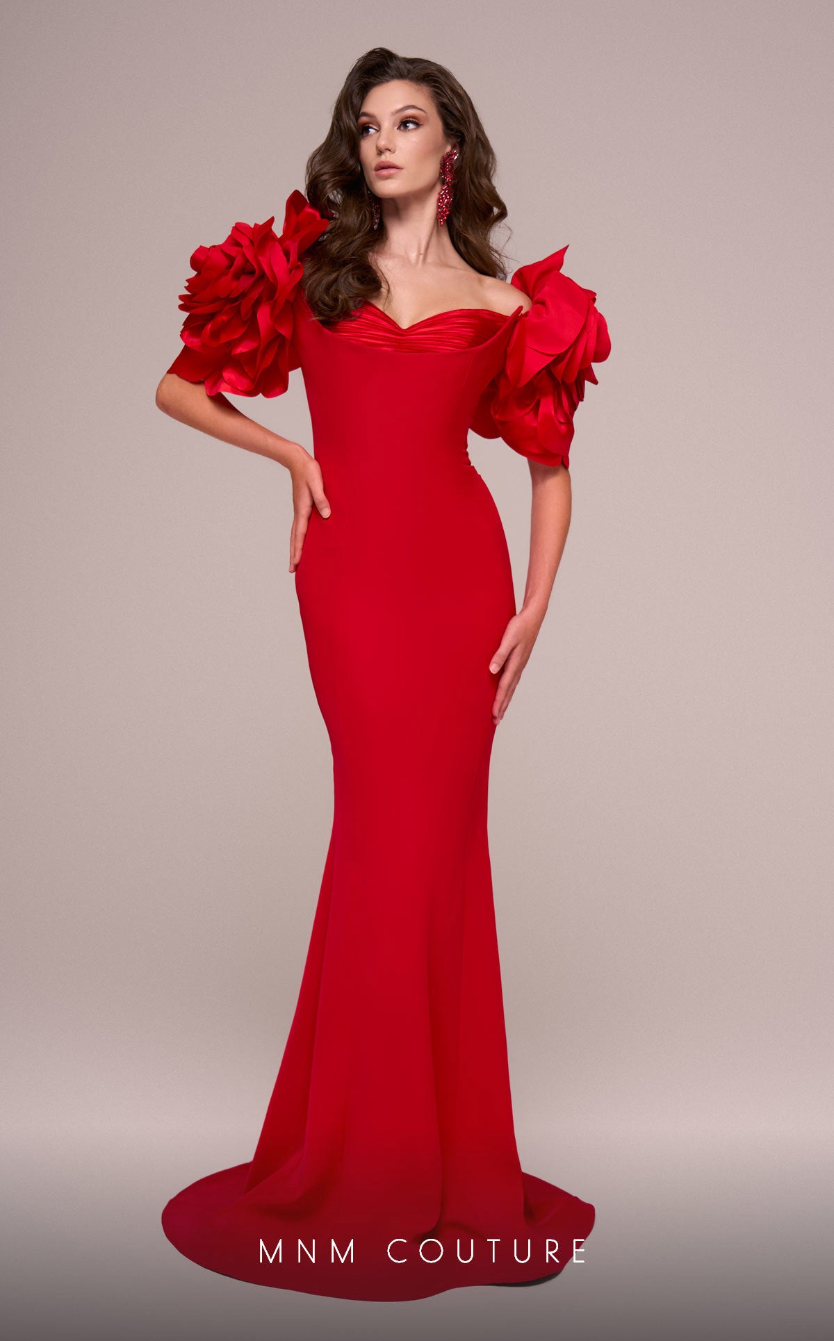 Formal Dresses Fitted Long Formal 3D Floral Appliques Evening Dress Red