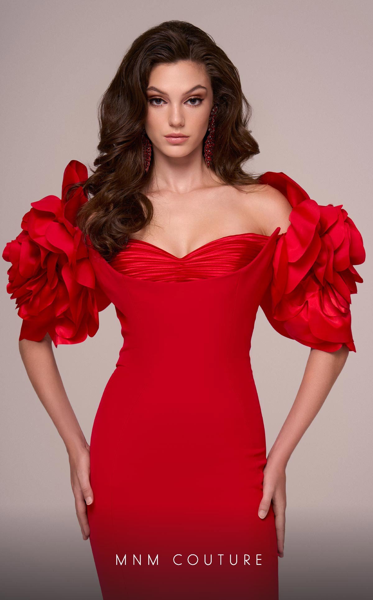 MNM Couture F02886 Fitted Long Formal 3D Floral Appliques Evening Dress