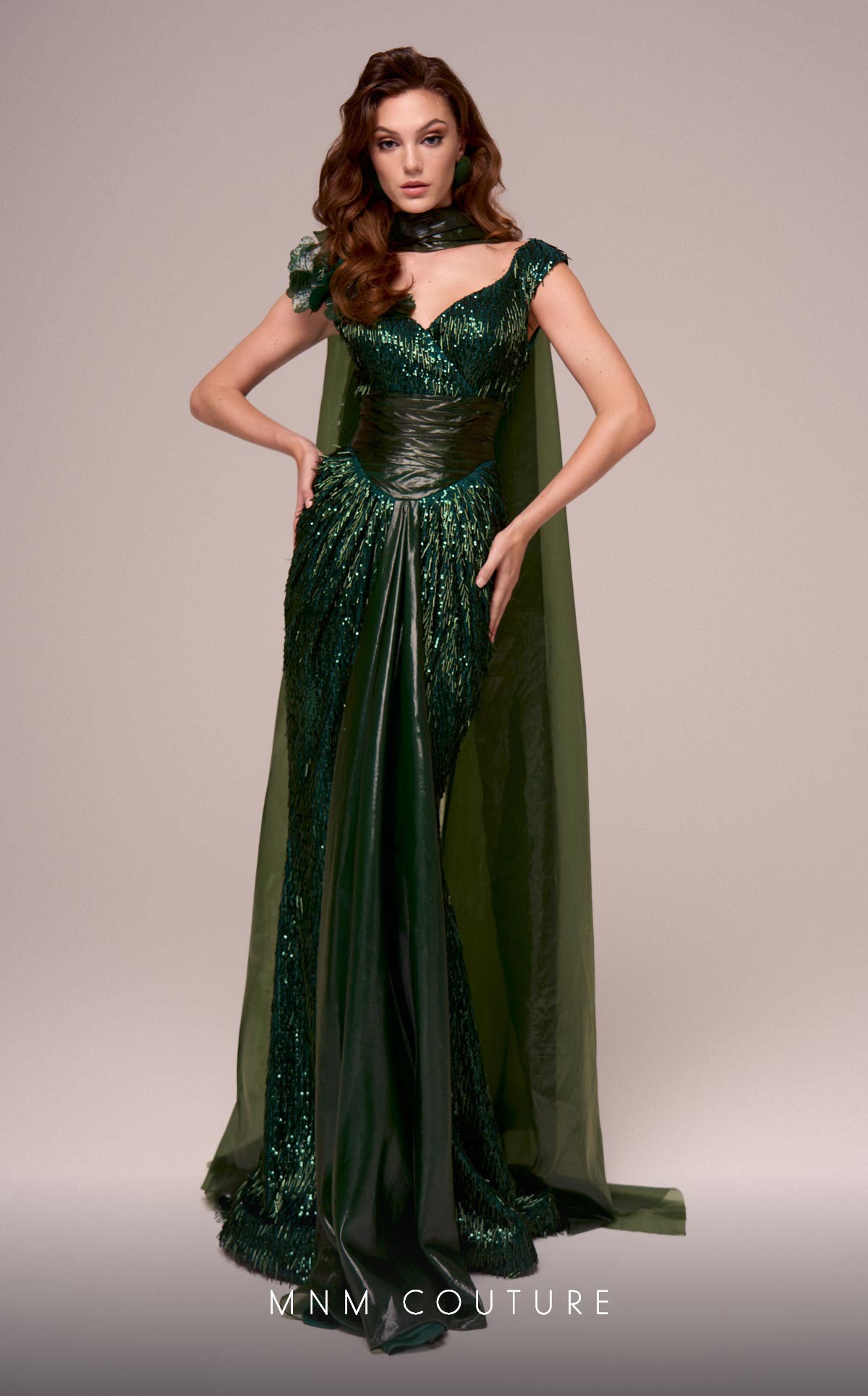 Formal Dresses Beaded Long Formal Cape Mother of the Bride Dress MNM Couture F02889 Green
