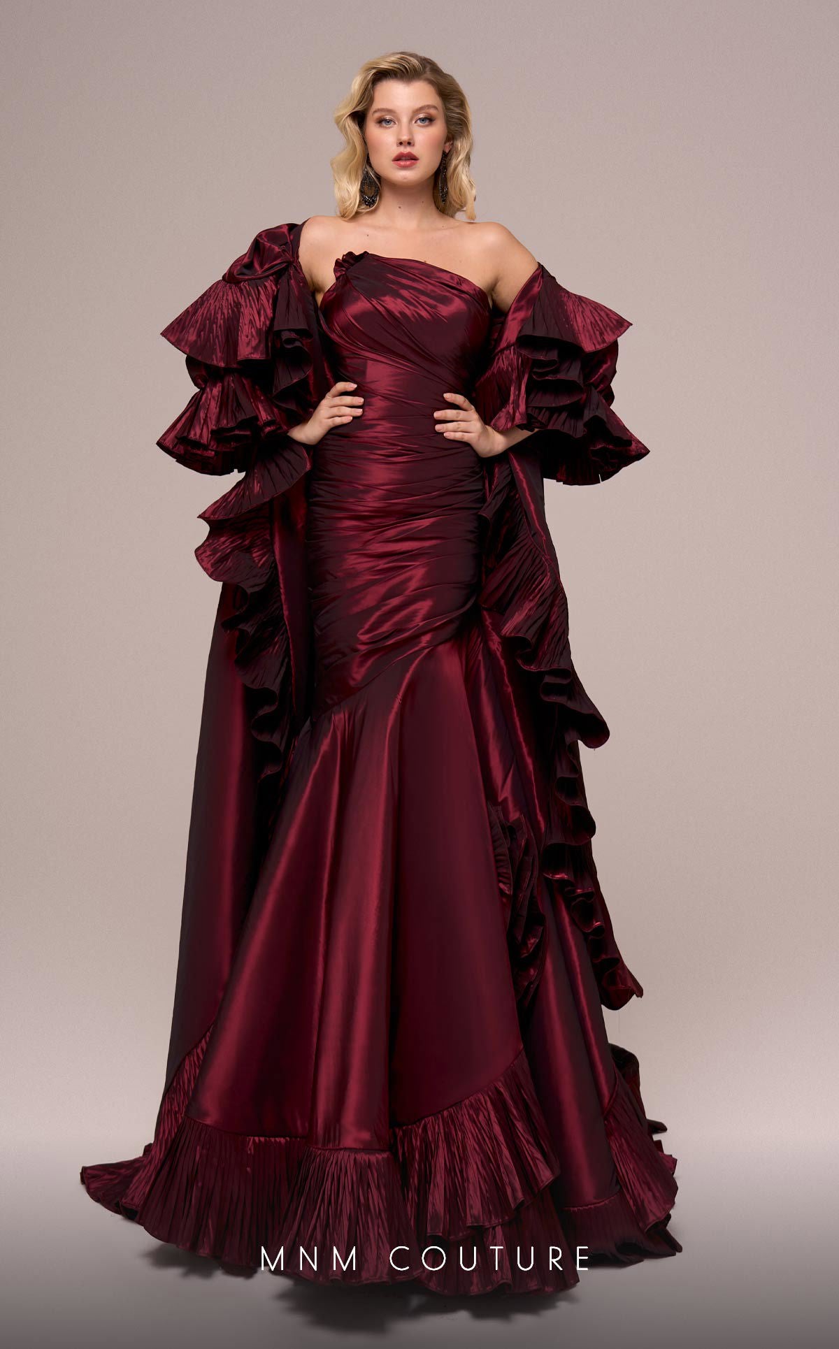 Formal Dresses Long Cape Ruffle Formal Evening Dress MNM Couture F02893 Burgundy