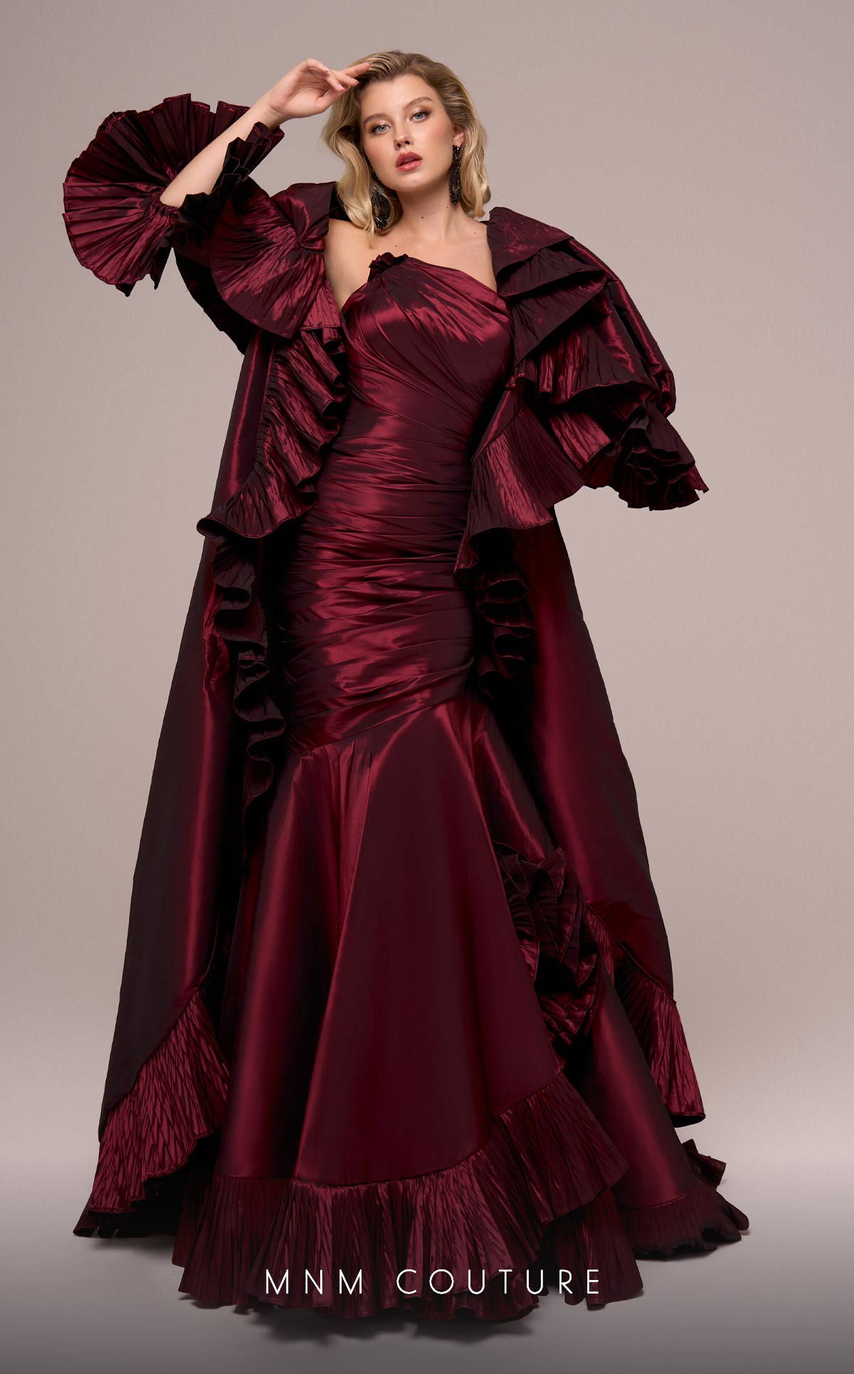 Formal Dresses Long Cape Ruffle Formal Evening Dress MNM Couture F02893 Burgundy