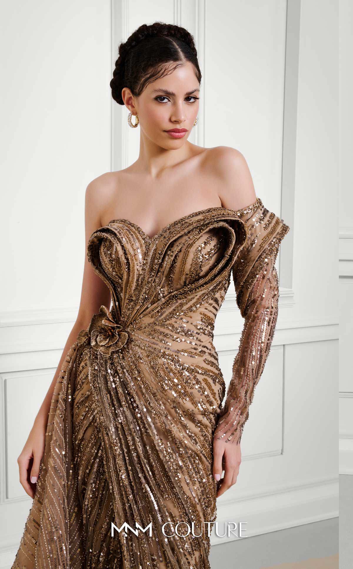 Prom Dresses Long Formal Slit Pleated Floral Prom Dress MNM Couture F02897B Gold