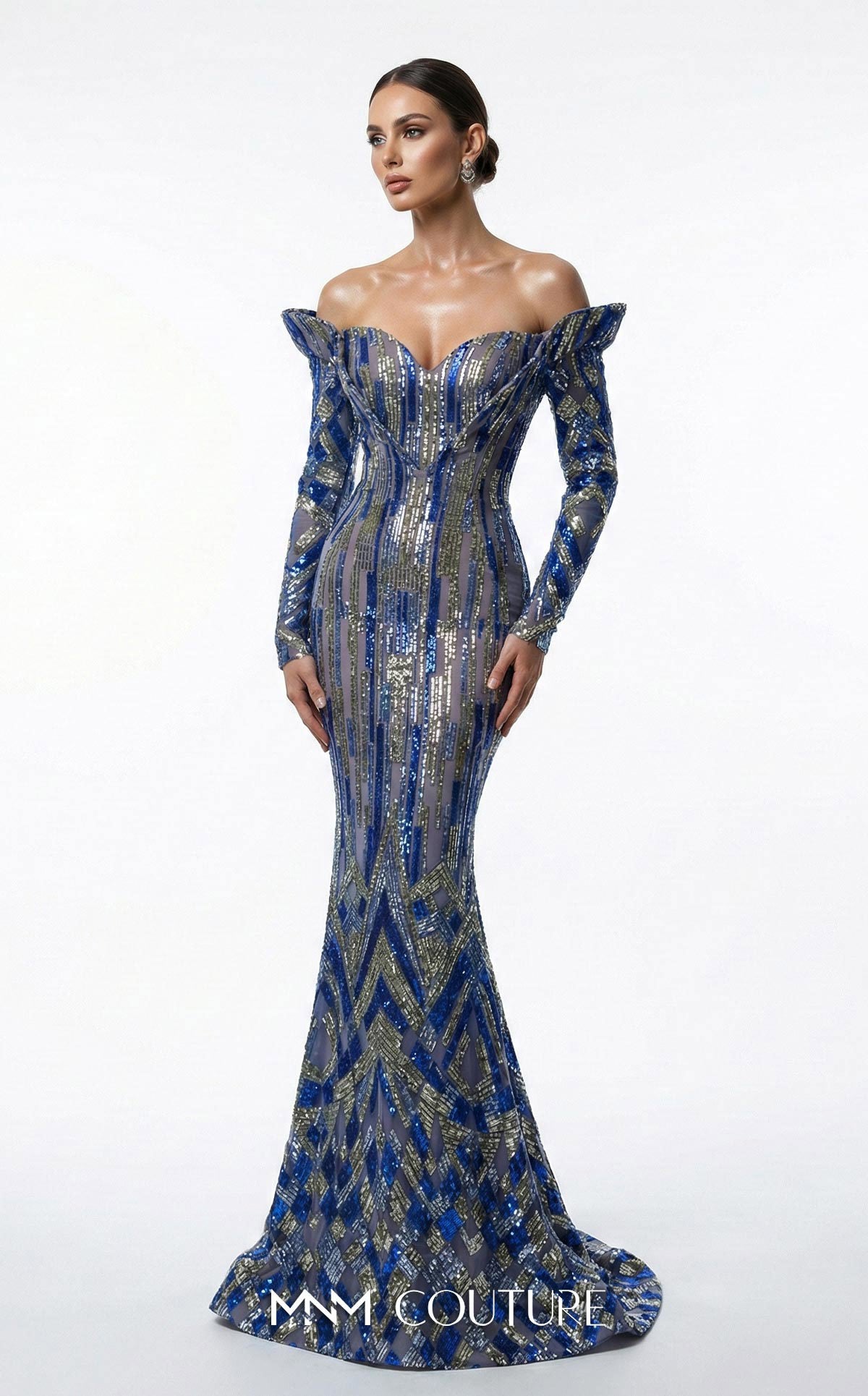 Off-Shoulder Long Sequin Evening Gown by MNM Couture F02900A in Royal Blue