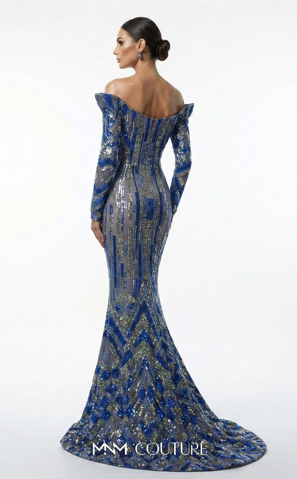 Off-Shoulder Long Sequin Evening Gown by MNM Couture F02900A in Royal Blue