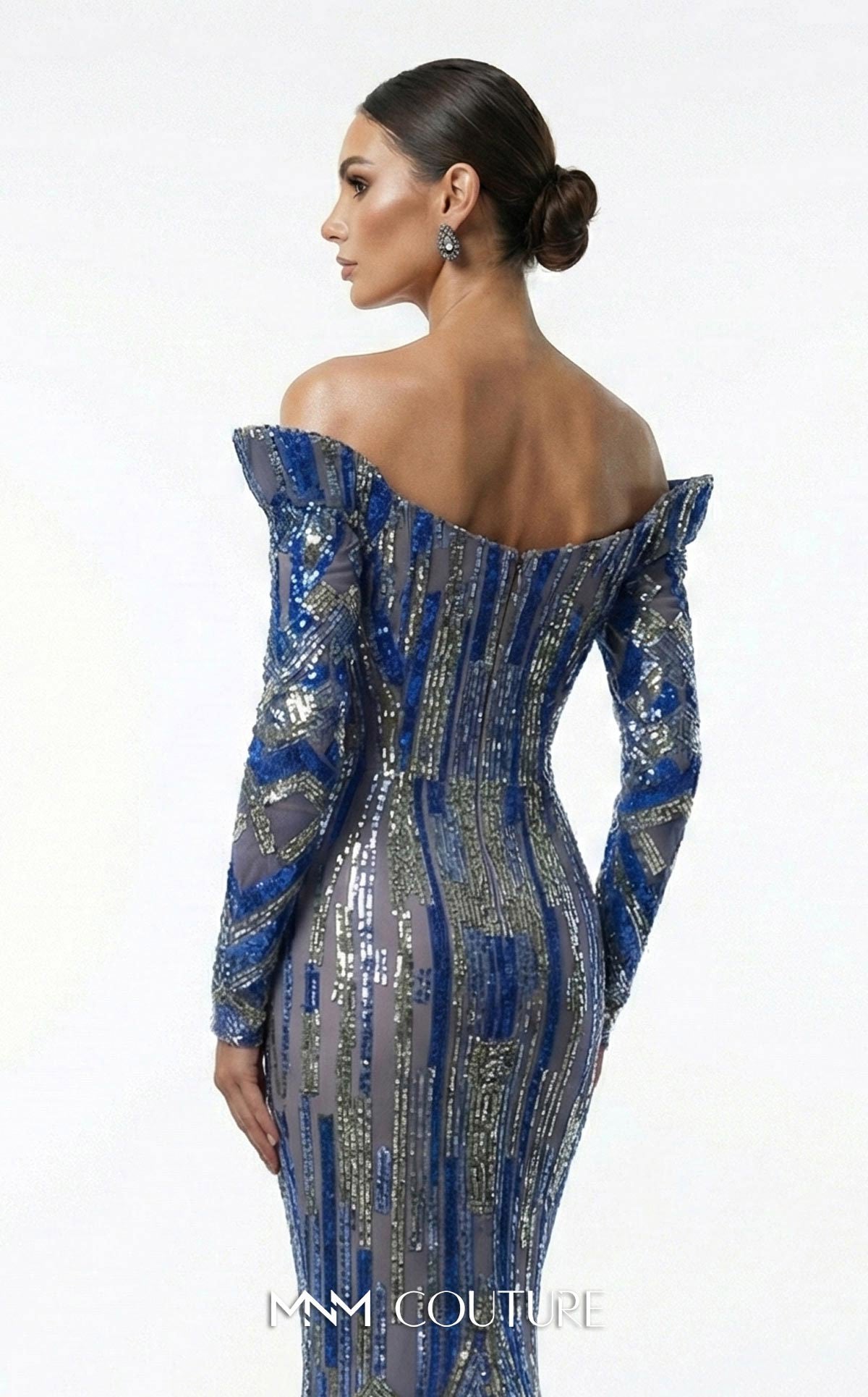 Off-Shoulder Long Sequin Evening Gown by MNM Couture F02900A in Royal Blue