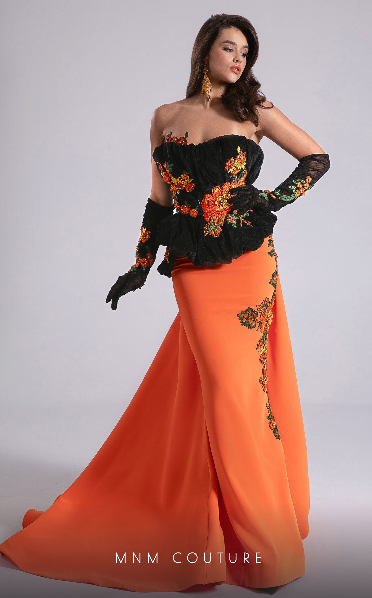 Prom Dresses Long Formal Velvet Corset Floral Prom Dress MNM Couture F02902 Orange