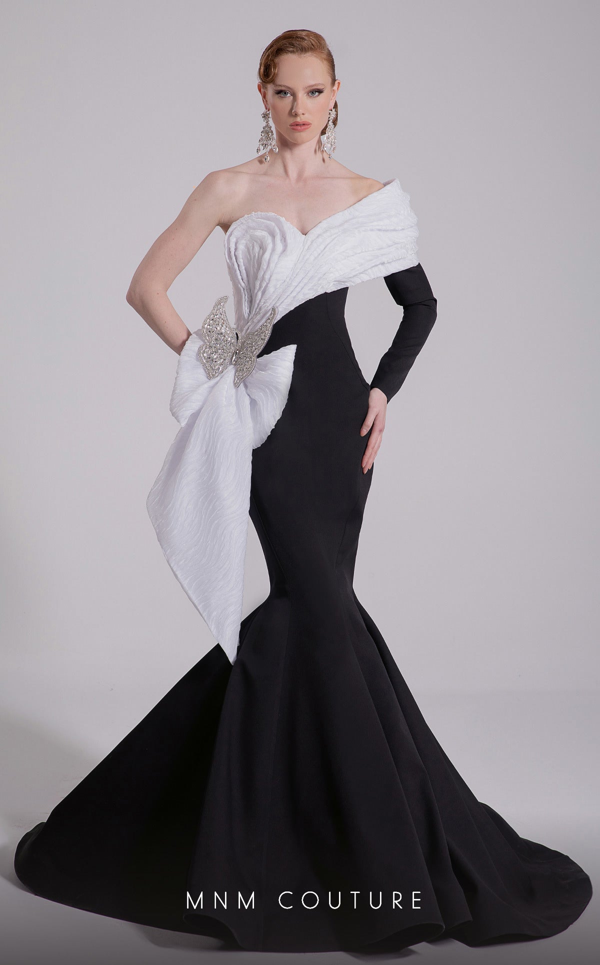 Prom Dresses Pleated Long Formal Mermaid Prom Dress MNM Couture F02907 Black/White