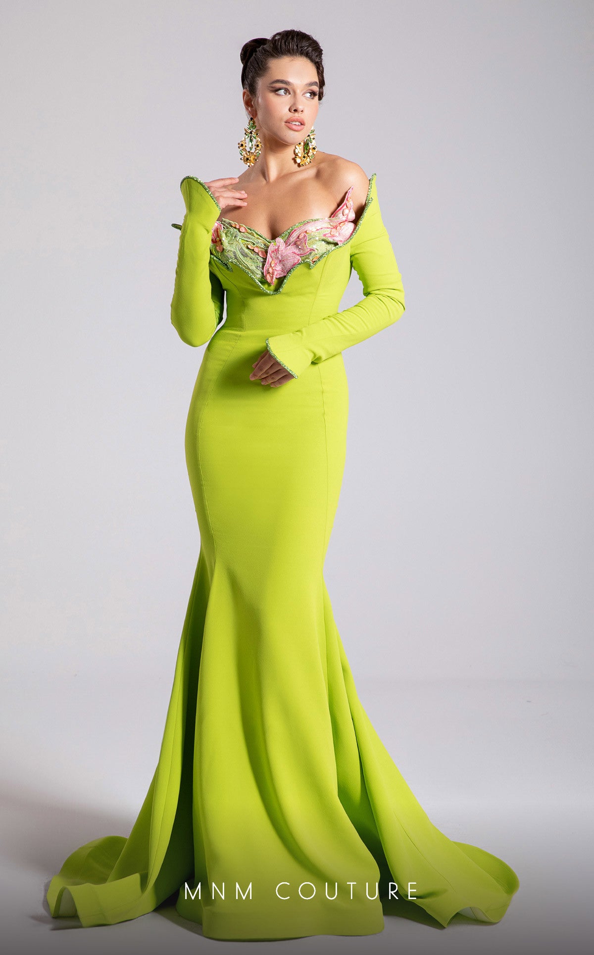 Prom Dresses Long Formal Mermaid Floral Ruffle Prom Dress MNM Couture F02908 Lime