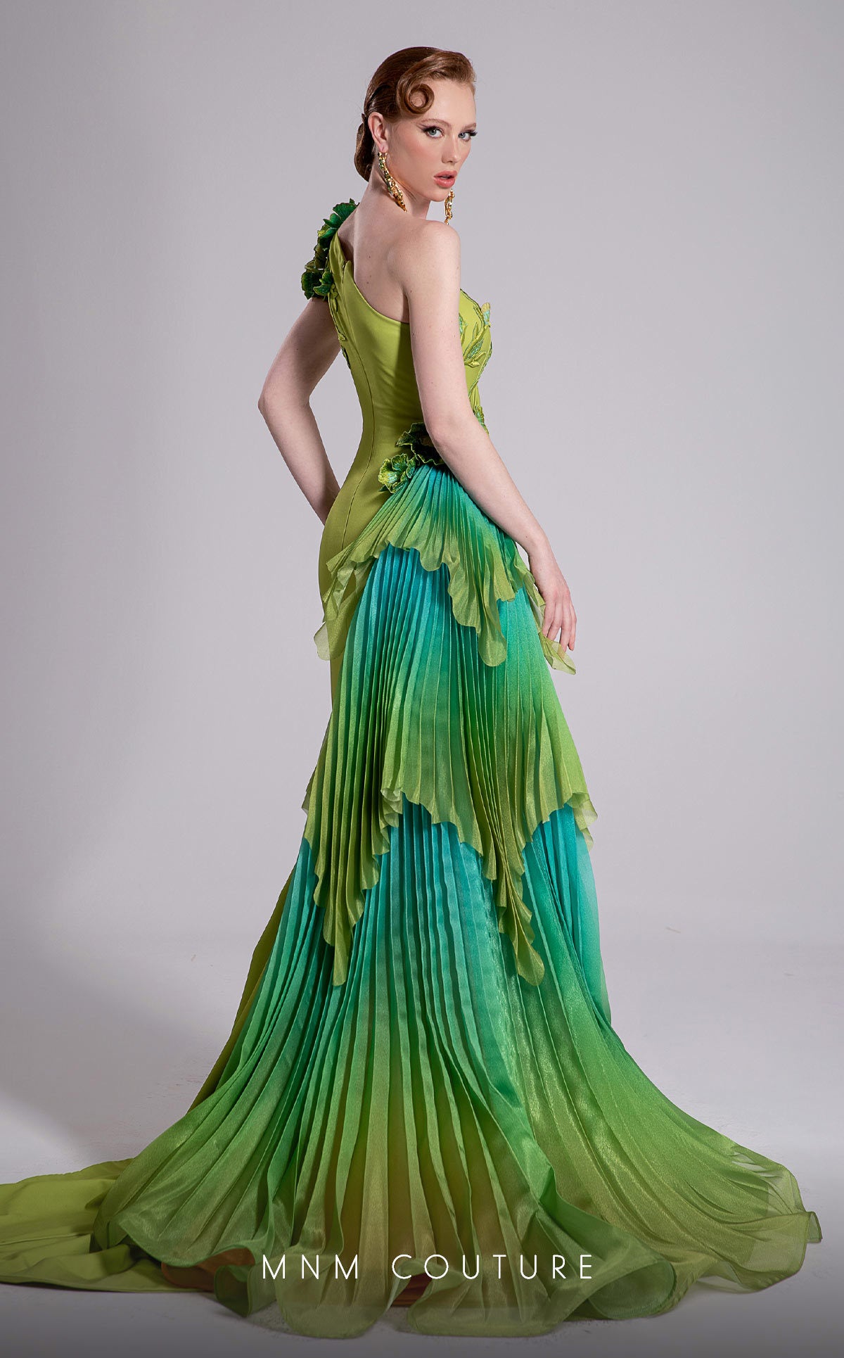 Formal Dresses Long Pleated Floral Applique Ruffle Formal Dress MNM Couture F02911 Pistache