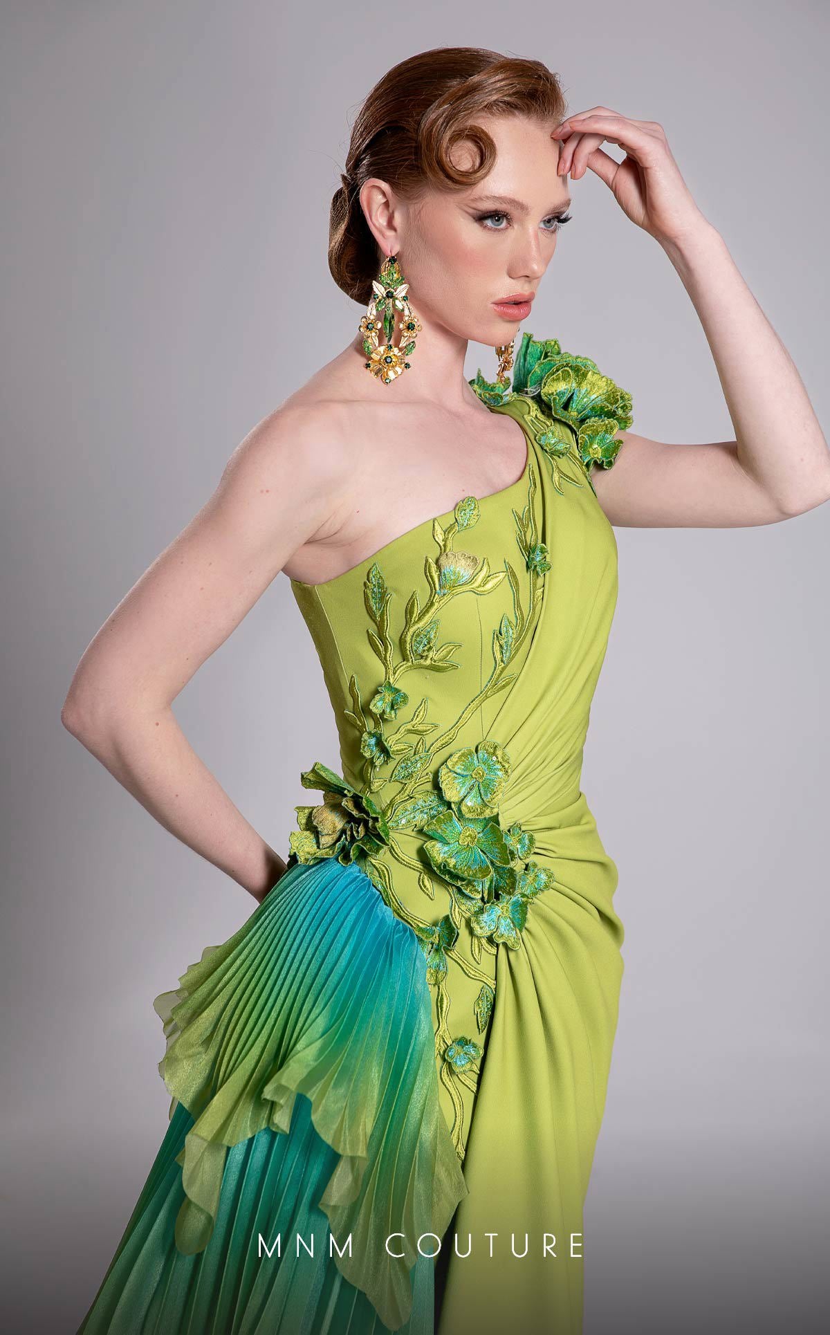 Formal Dresses Long Pleated Floral Applique Ruffle Formal Dress MNM Couture F02911 Pistache