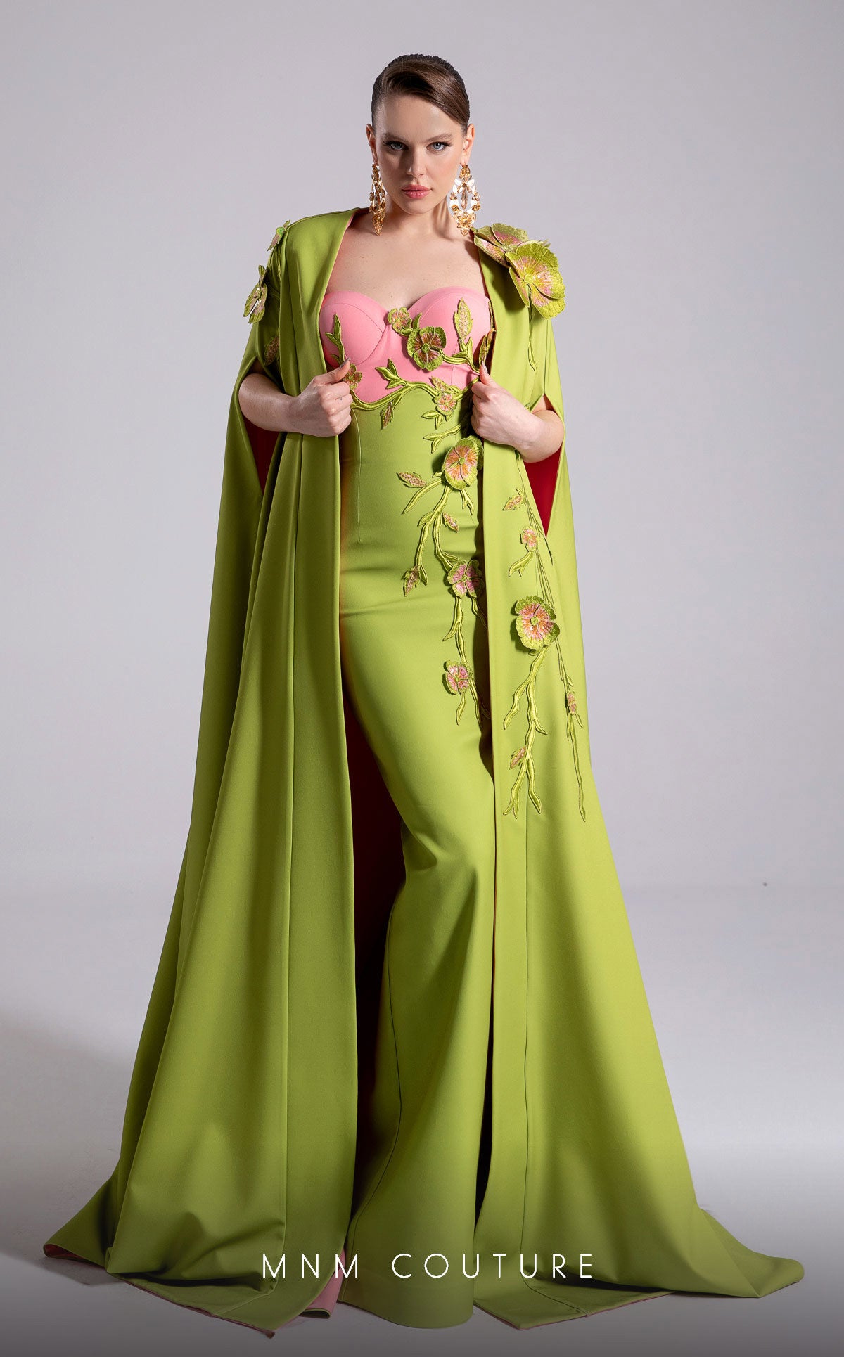 Prom Dresses Long Formal Floral Cape Prom Dress MNM Couture F02917 Pistache