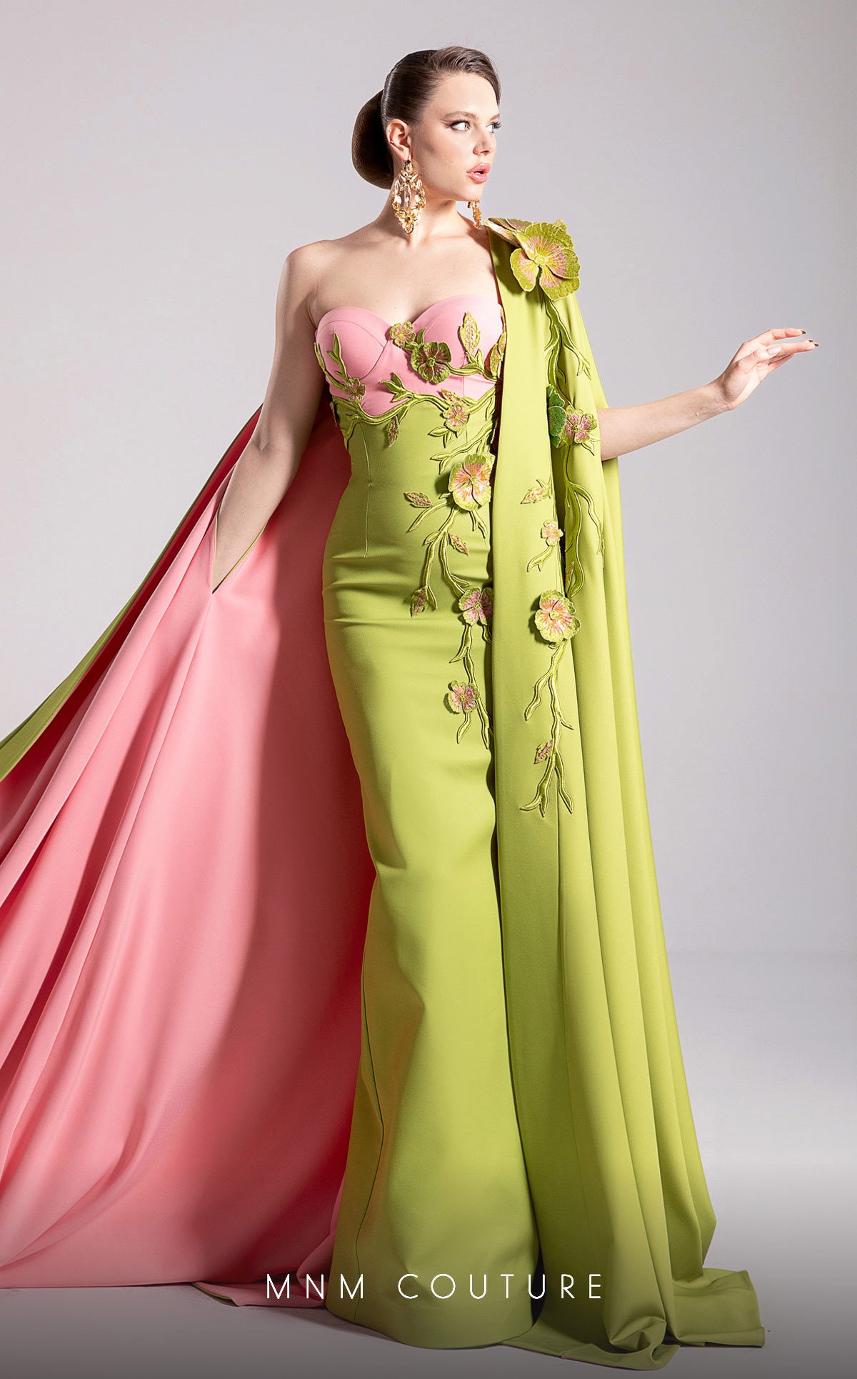 Prom Dresses Long Formal Floral Cape Prom Dress MNM Couture F02917 Pistache