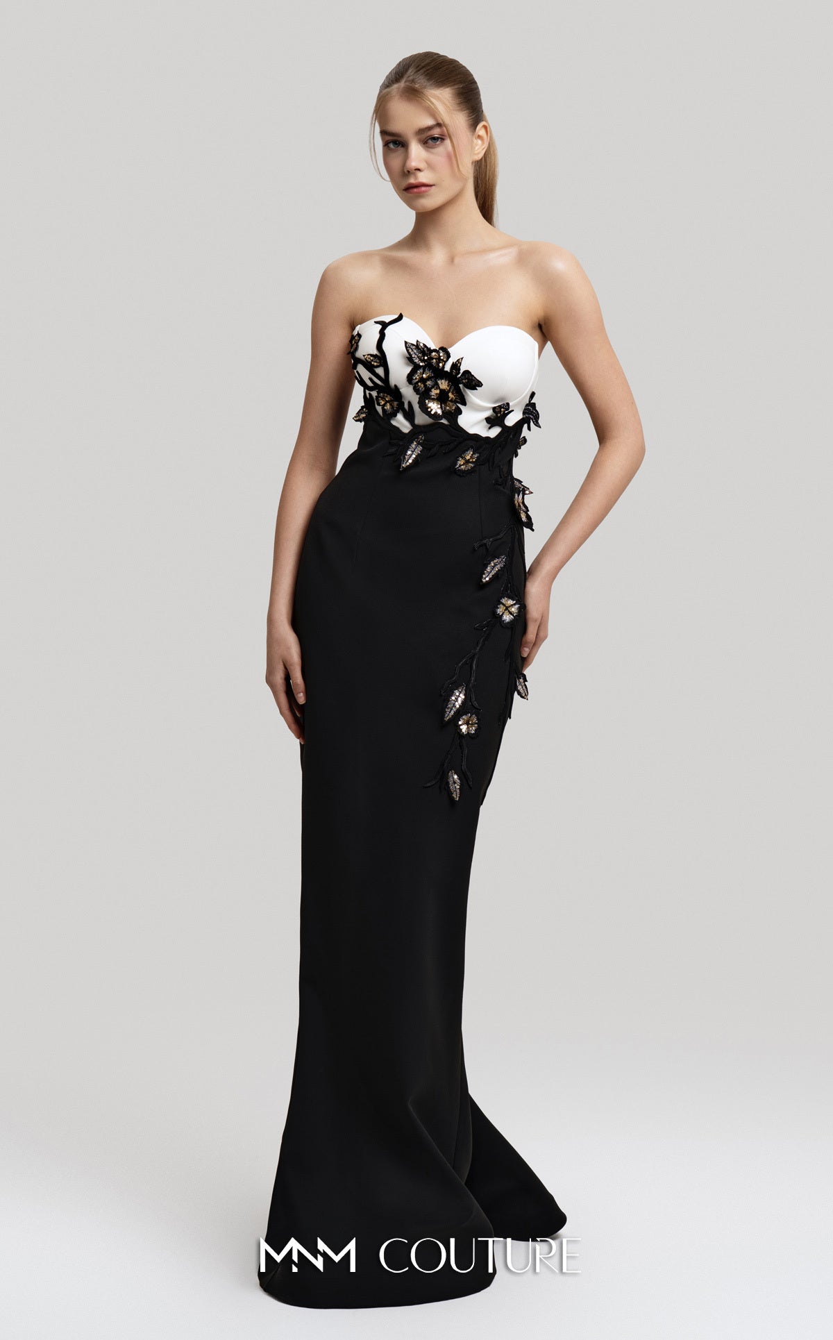 Prom Dresses Long Formal Floral Cape Prom Dress MNM Couture F02917 Black/White
