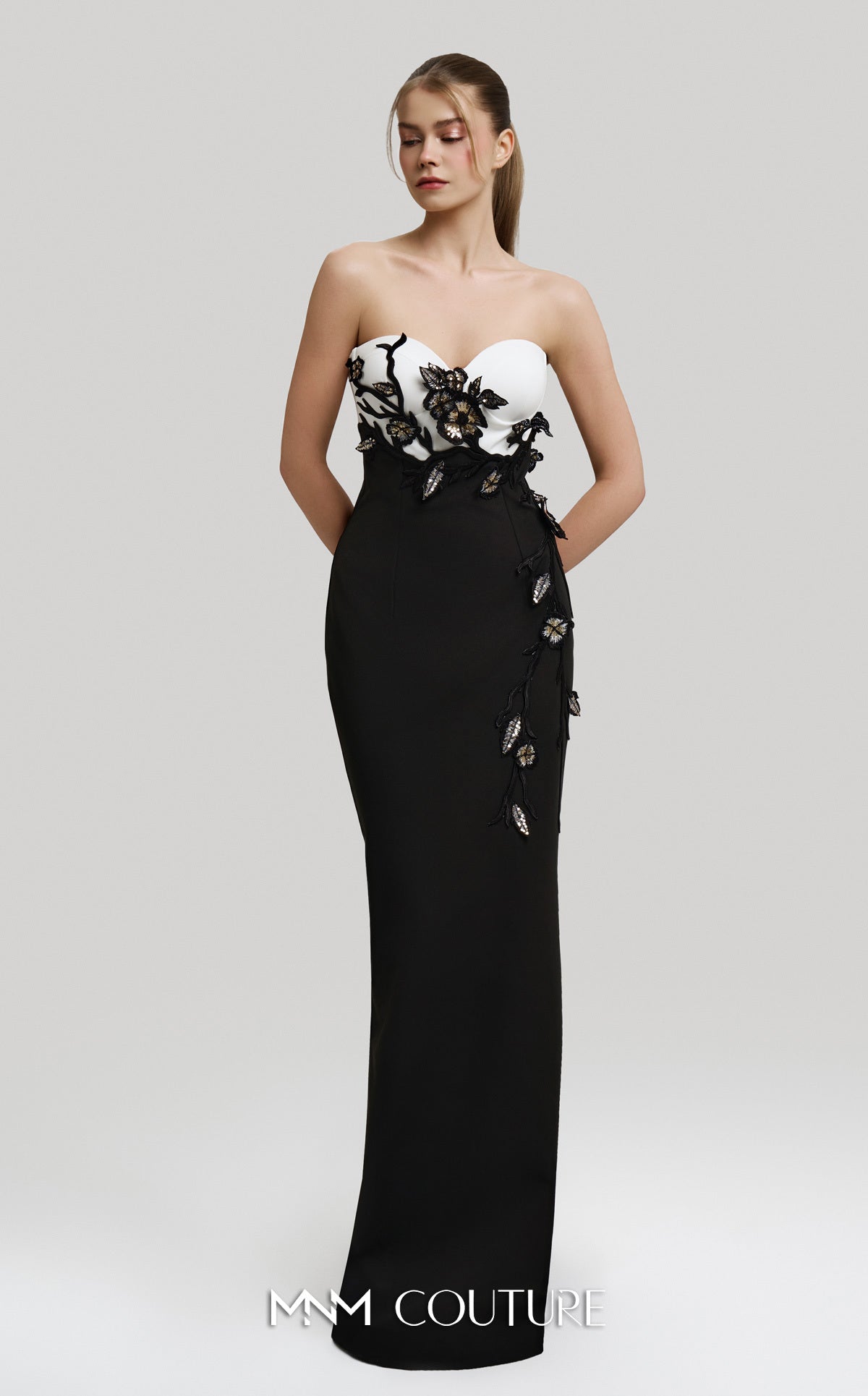 Prom Dresses Long Formal Floral Cape Prom Dress MNM Couture F02917 Black/White