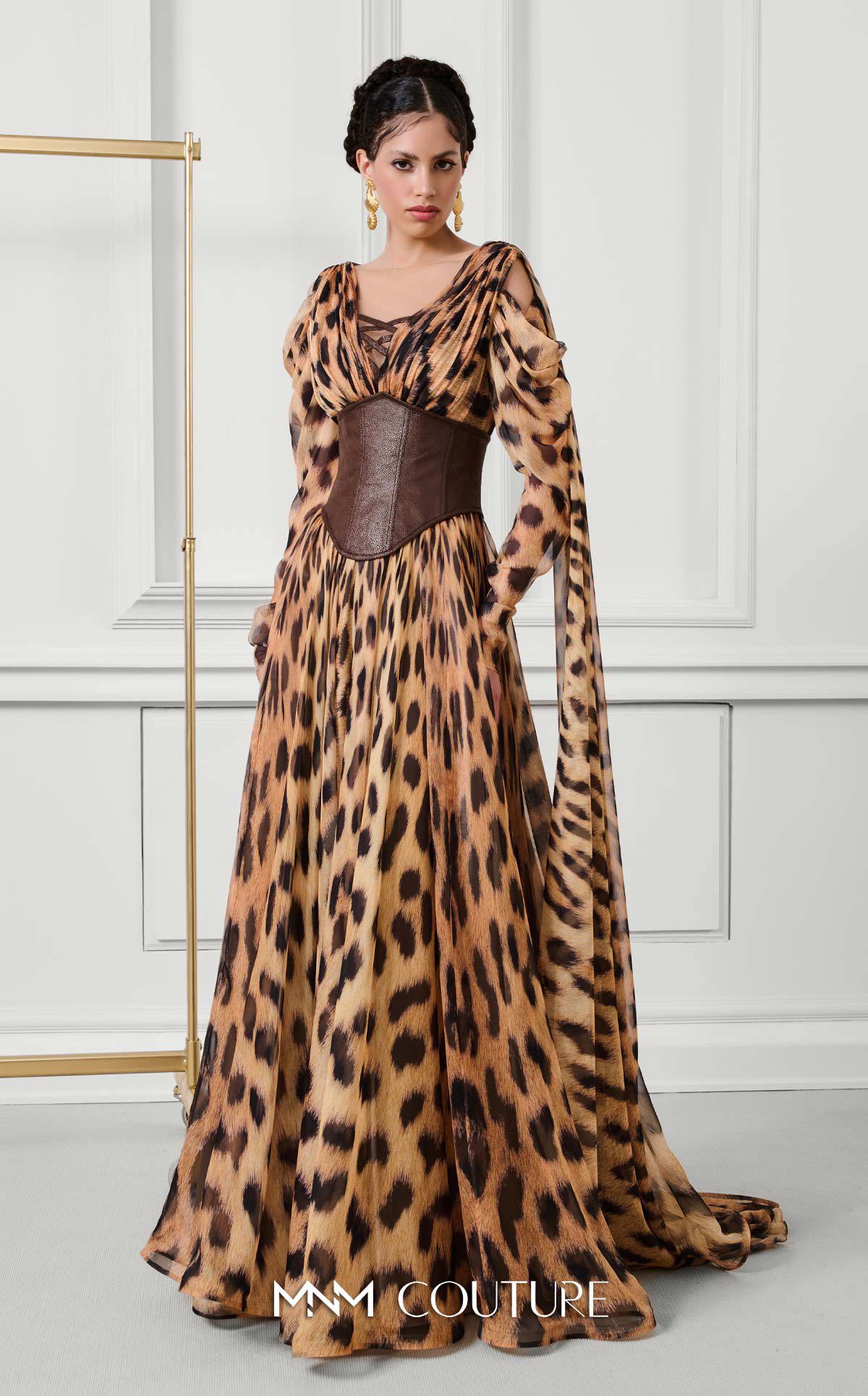 V-Neck Long Printed Chiffon Evening Gown by MNM Couture F02921 in Tiger