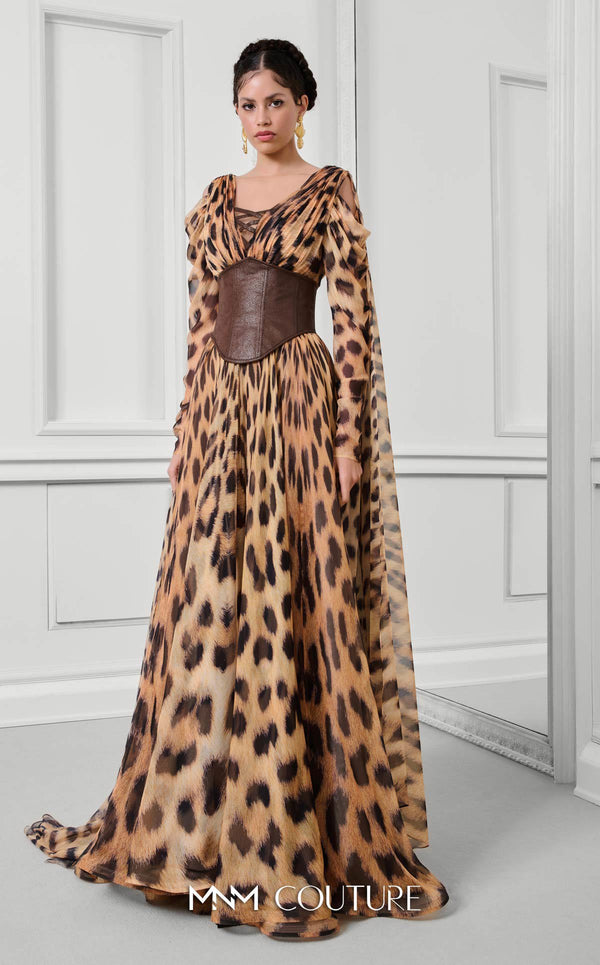 V-Neck Long Printed Chiffon Evening Gown by MNM Couture F02921