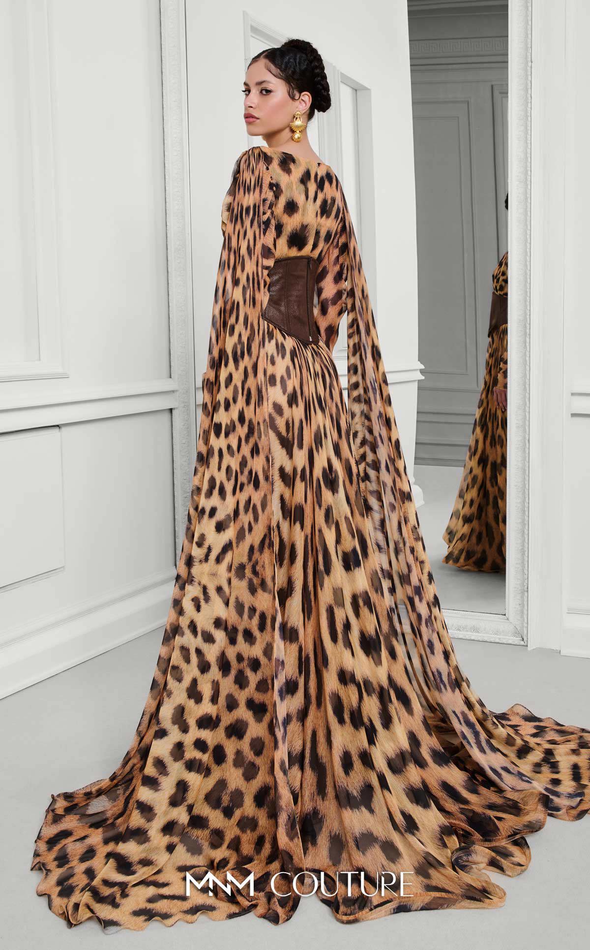 V-Neck Long Printed Chiffon Evening Gown by MNM Couture F02921 in Tiger