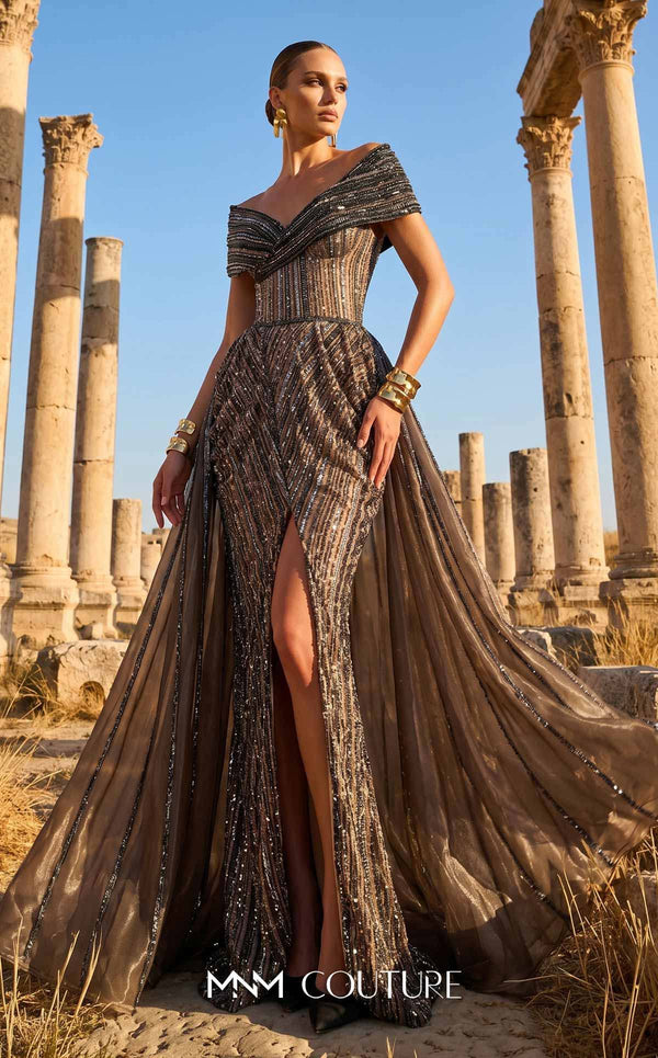 Off-the-Shoulder Floor-Length Sequin Evening A-Line MNM Couture F02929