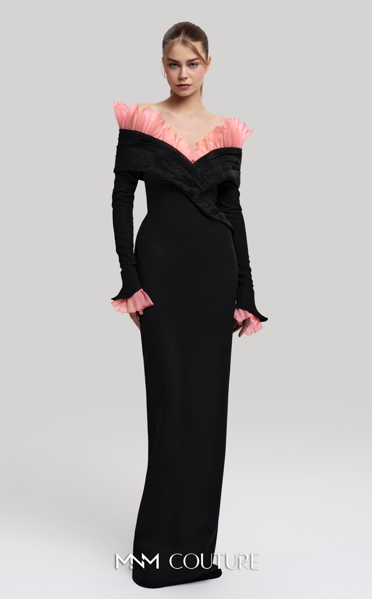 Mother of the Bride Dresses Long Sleeve Ruffle Formal Fitted Mother of the Bride Dress MNM Couture F02941 Blank/Pink