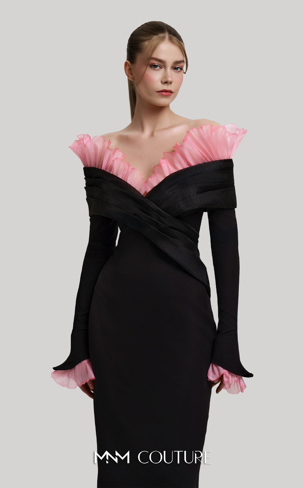 Mother of the Bride Dresses Long Sleeve Ruffle Formal Fitted Mother of the Bride Dress MNM Couture F02941 Blank/Pink