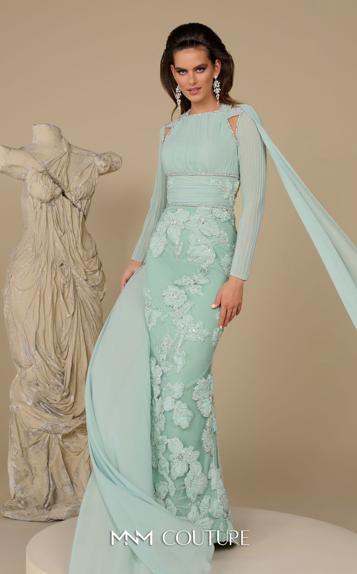 Jewel Neck Long Chiffon Mother of the Bride Dress by MNM Couture F02962 in Mint