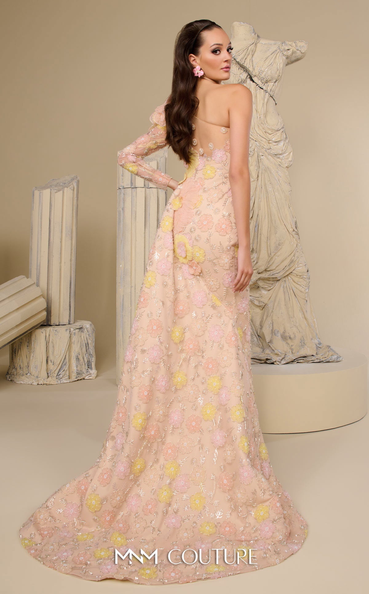 One-Shoulder Mermaid Floral Embroidered Gown by MNM Couture F02966 in Pink