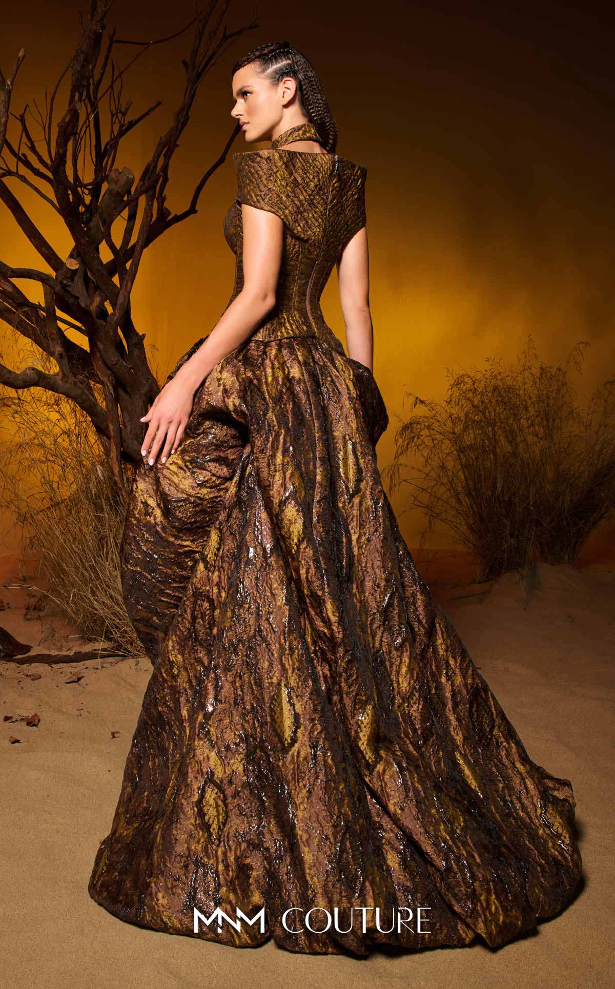 High Neck Floor-Length Brocade Ball Gown by MNM Couture F02971 in Brown