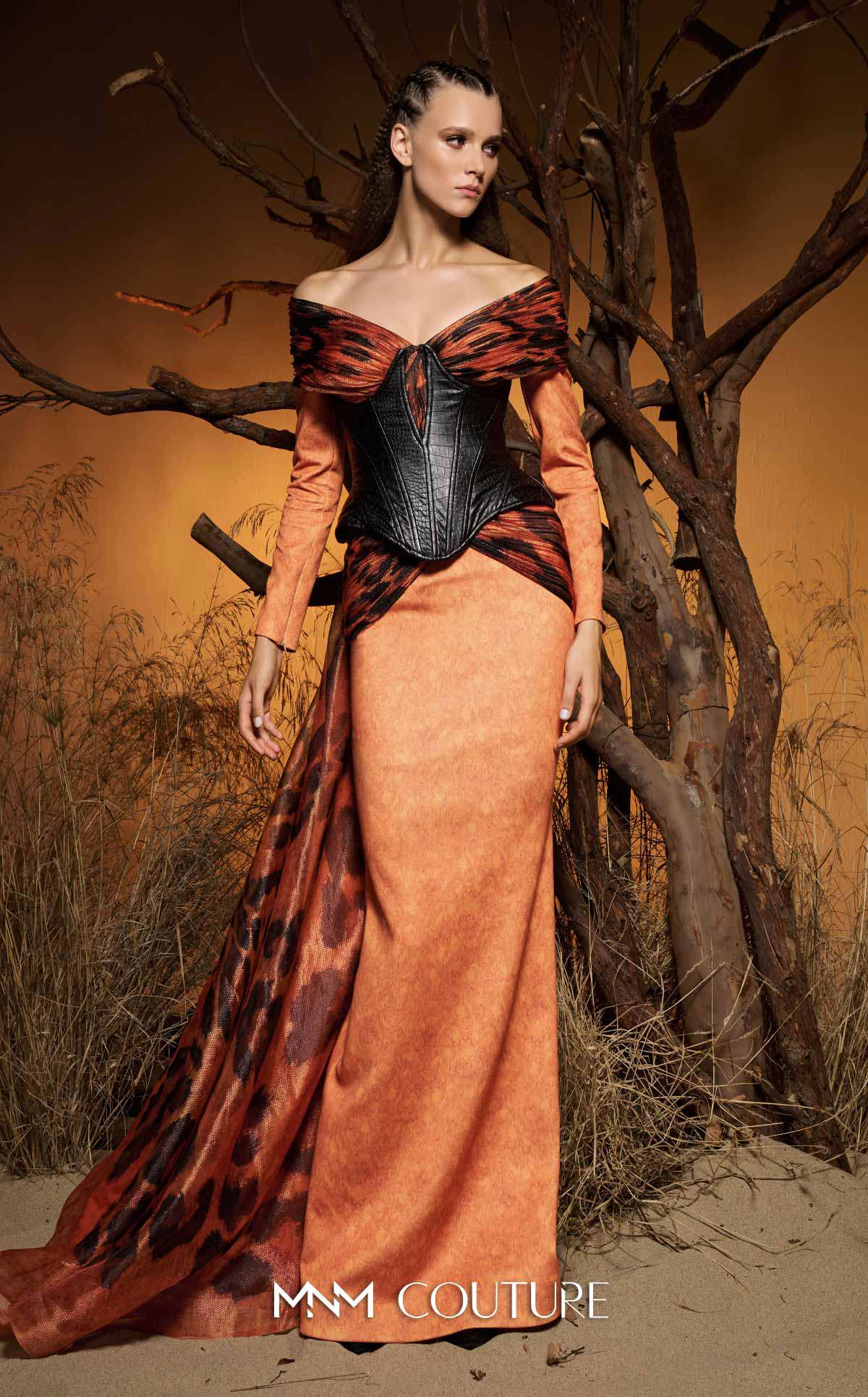 Off-Shoulder Floor-Length Satin Mother of the Bride Dress by MNM Couture F02972 in Print