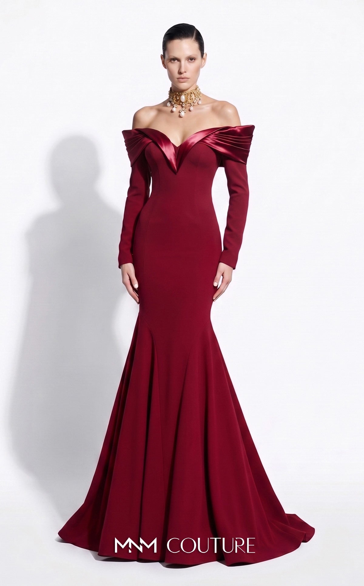 Cherry Off-the-Shoulder Floor-Length Crepe Formal Evening Mermaid Gown MNM Couture F02973A