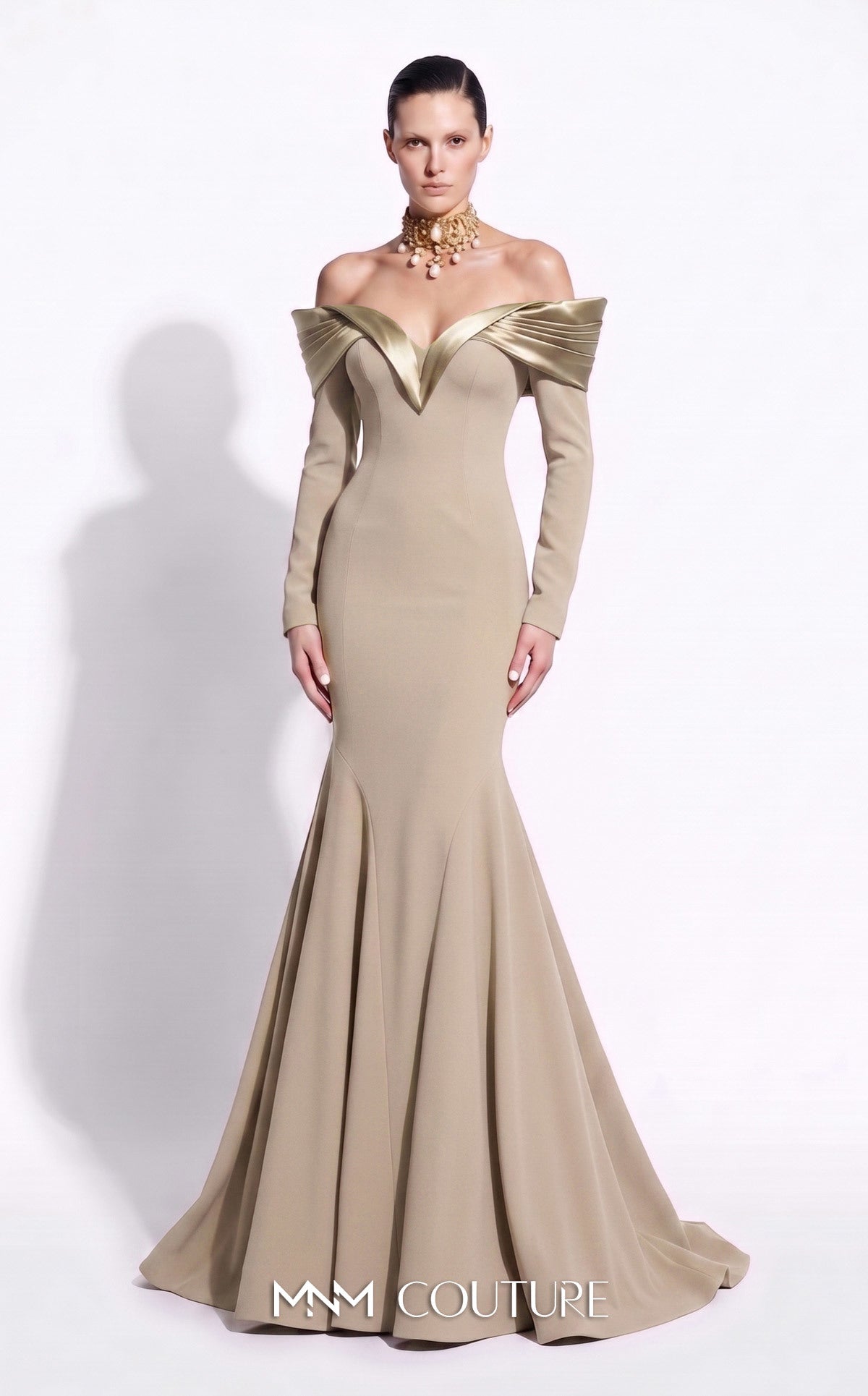 Beige Off-the-Shoulder Floor-Length Crepe Formal Evening Mermaid Gown MNM Couture F02973A