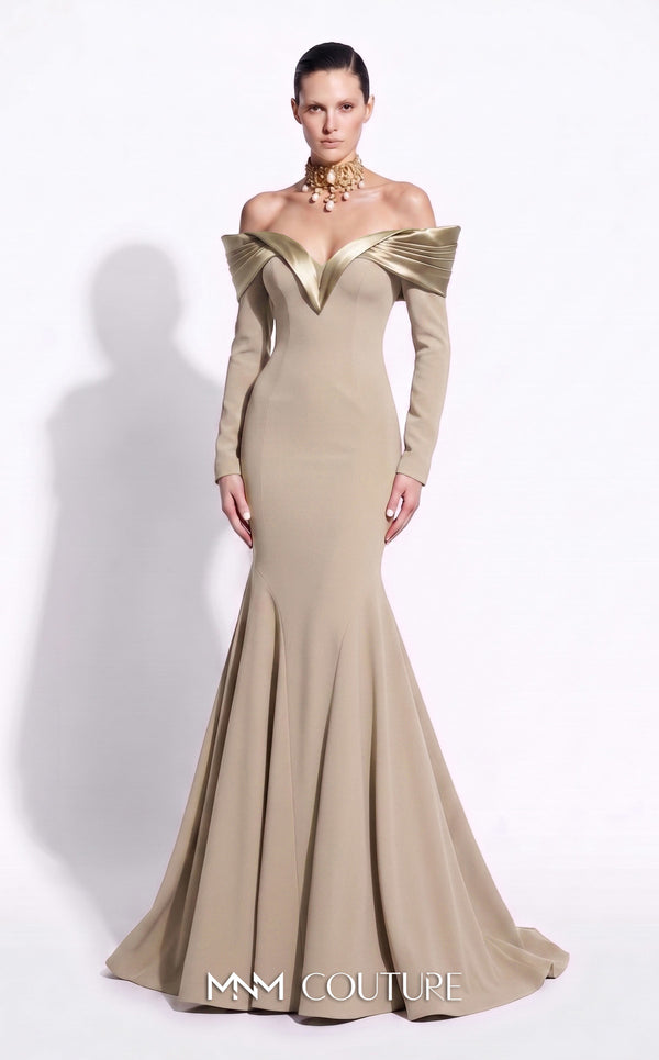 Off-the-Shoulder Floor-Length Crepe Formal Evening Mermaid Gown MNM Couture F02973A