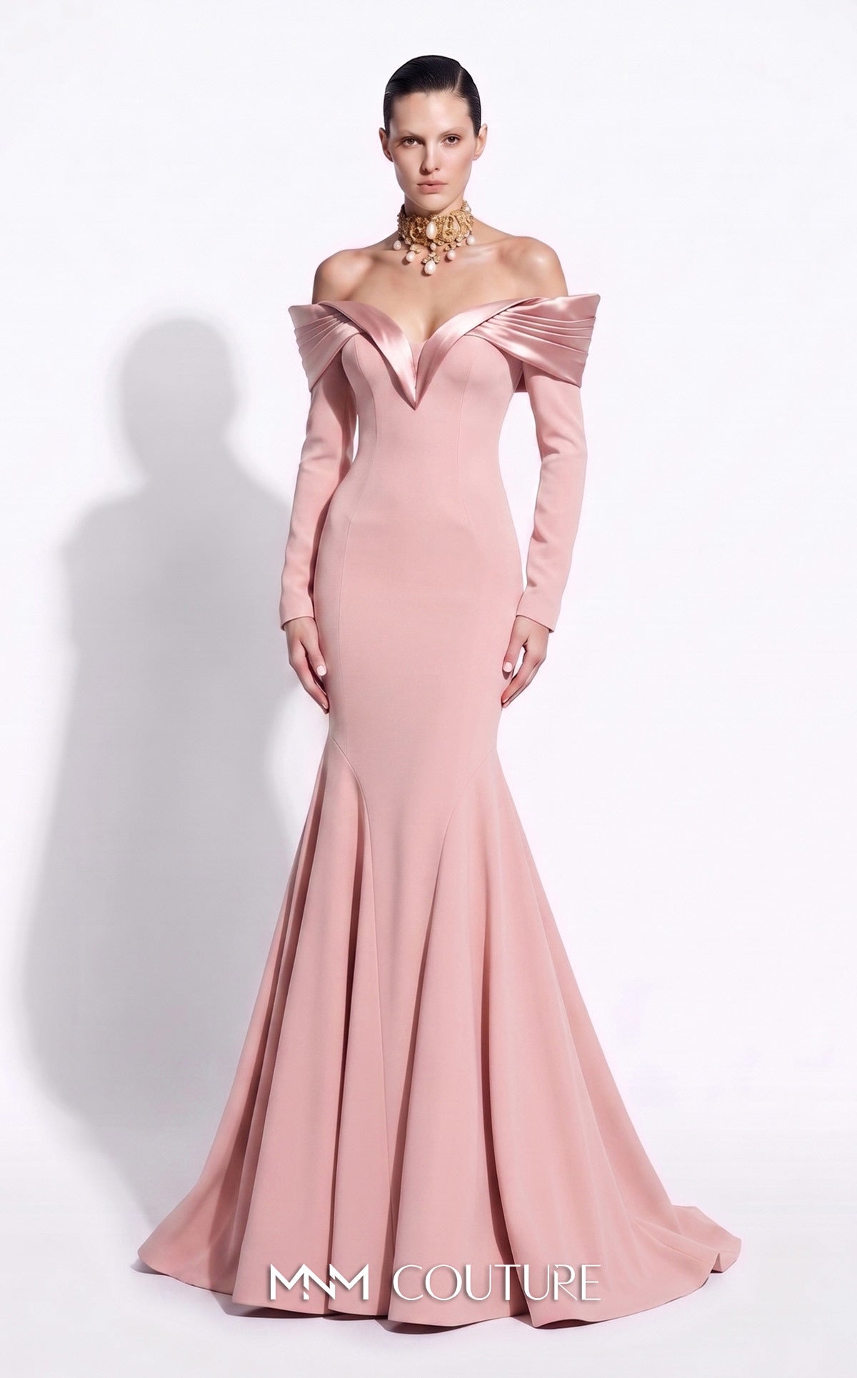 Blush Off-the-Shoulder Floor-Length Crepe Formal Evening Mermaid Gown MNM Couture F02973A
