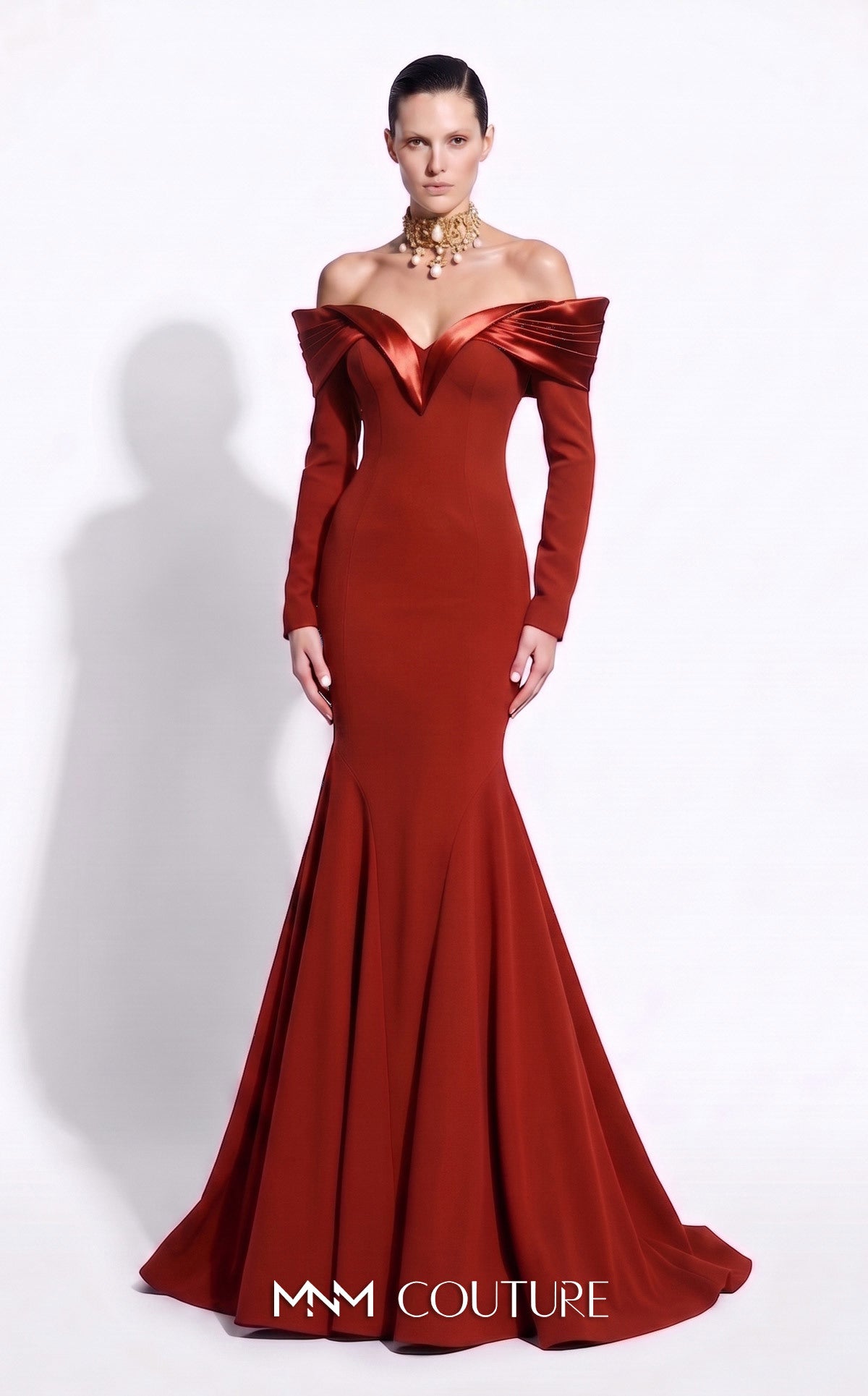 Orange Off-the-Shoulder Floor-Length Crepe Formal Evening Mermaid Gown MNM Couture F02973A