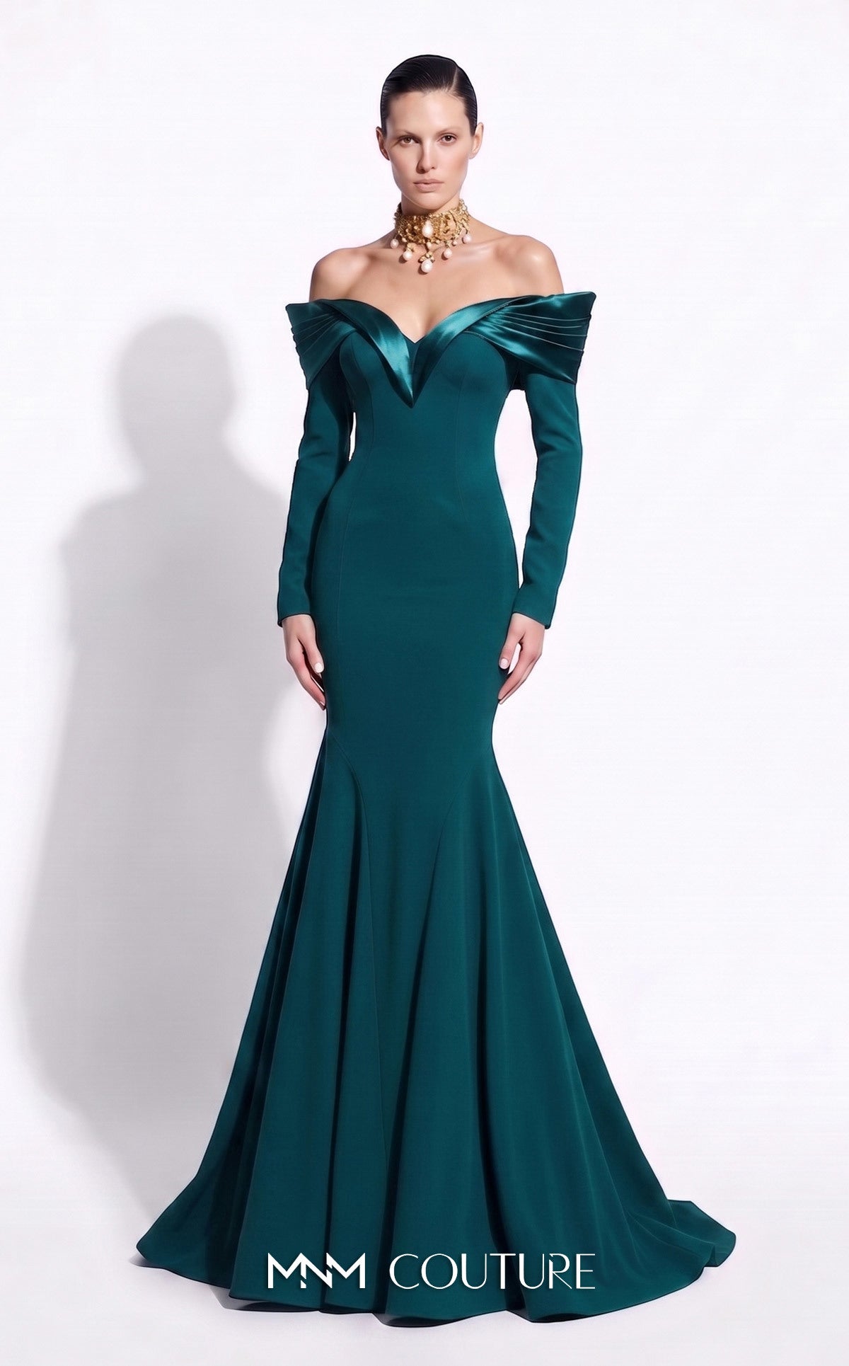 Emerald Green Off-the-Shoulder Floor-Length Crepe Formal Evening Mermaid Gown MNM Couture F02973A