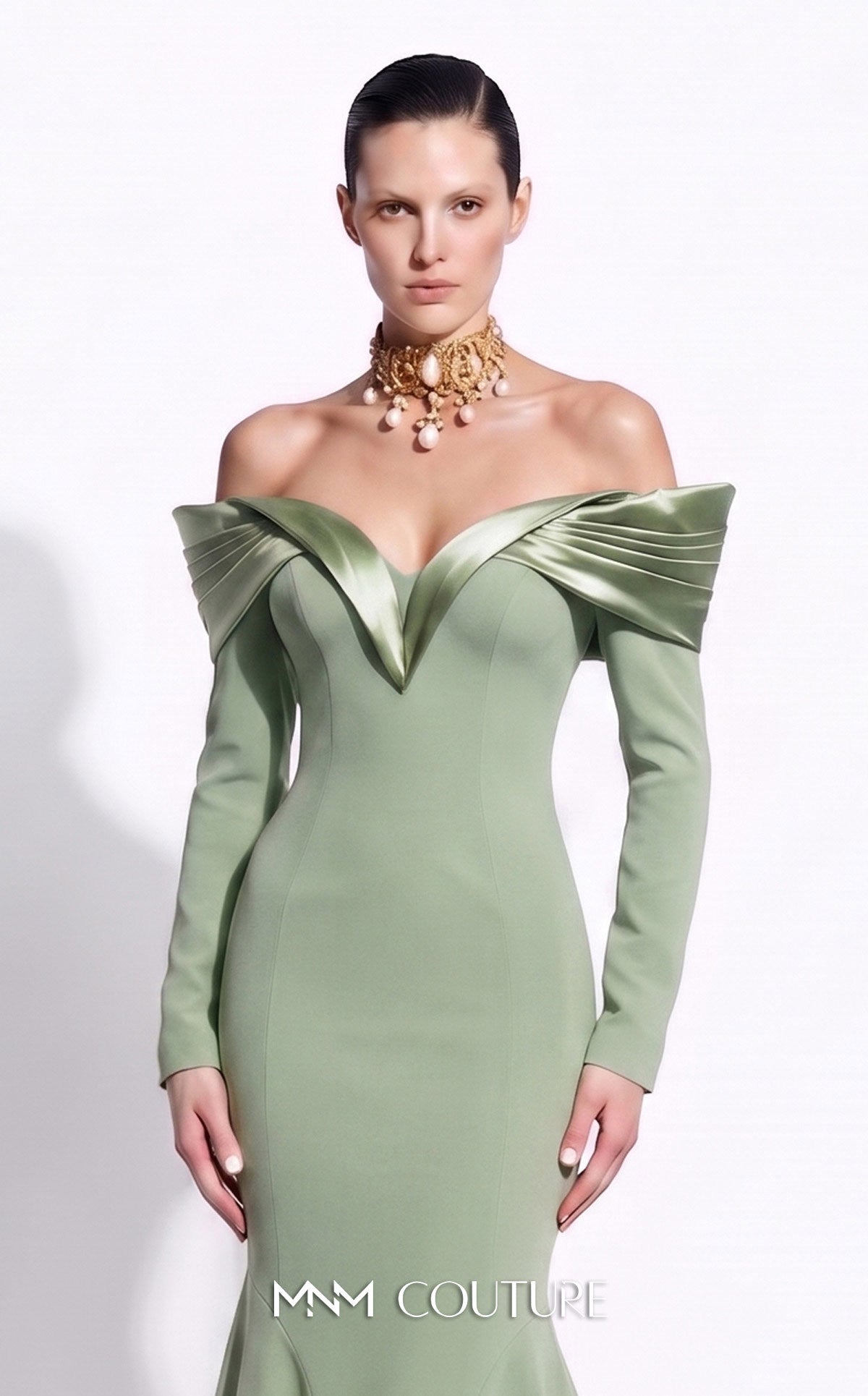 Green Off-the-Shoulder Floor-Length Crepe Formal Evening Mermaid Gown MNM Couture F02973A