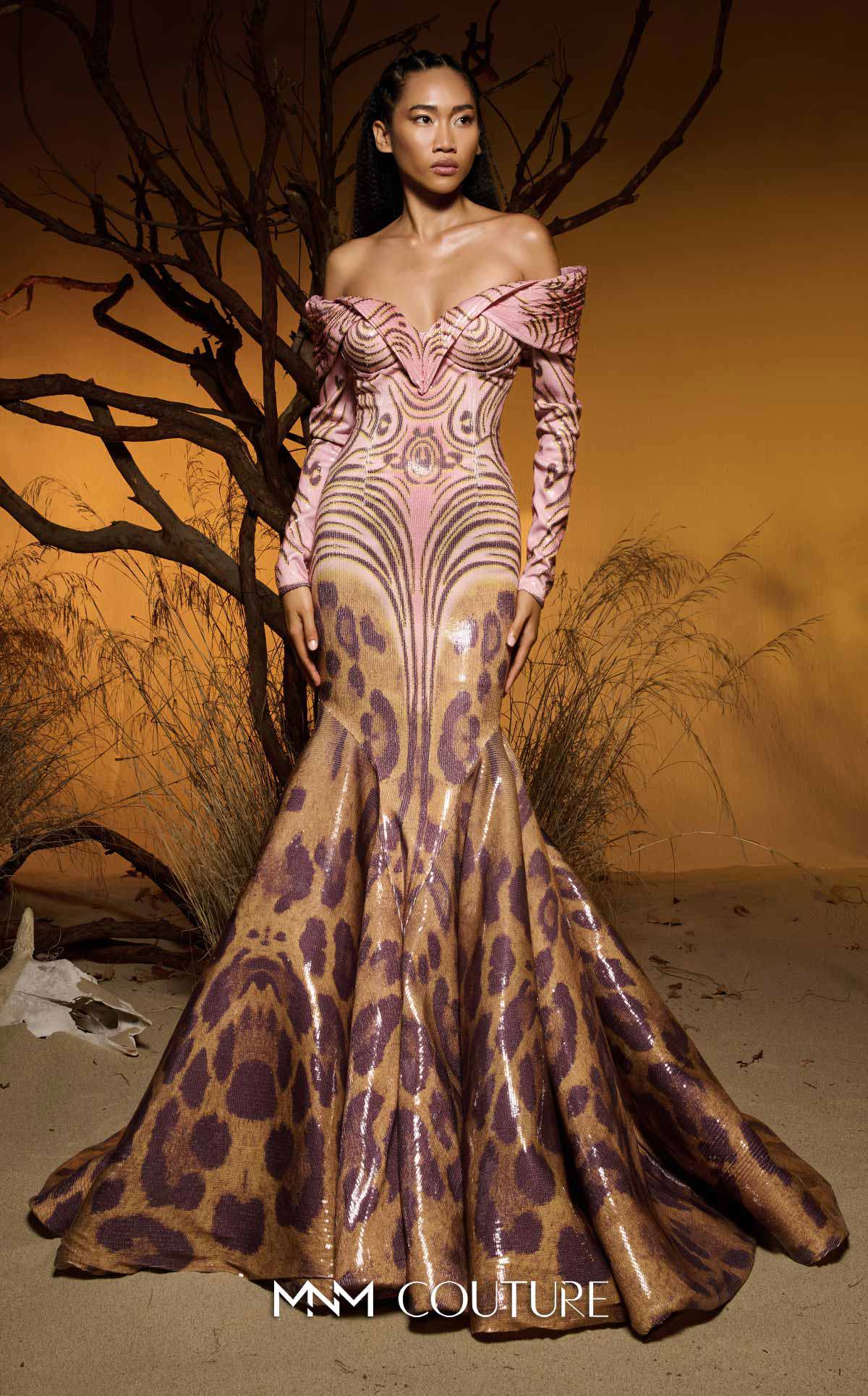 Off-Shoulder Mermaid Sequin Gown by MNM Couture F02973 in Pink