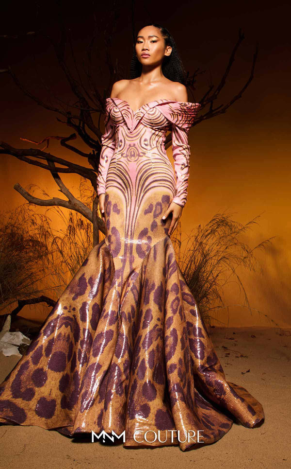 Off-Shoulder Mermaid Sequin Gown by MNM Couture F02973