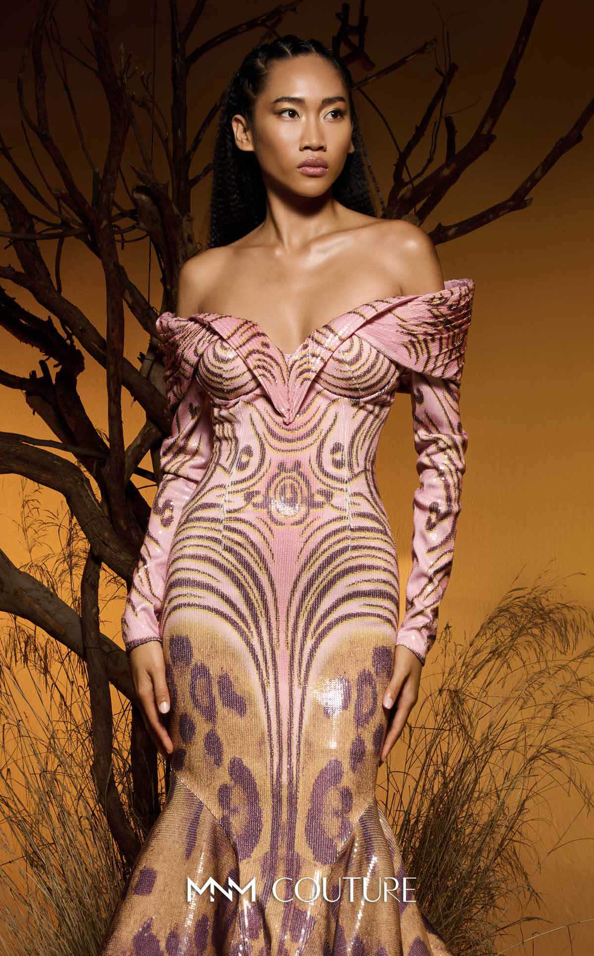 Off-Shoulder Mermaid Sequin Gown by MNM Couture F02973 in Pink