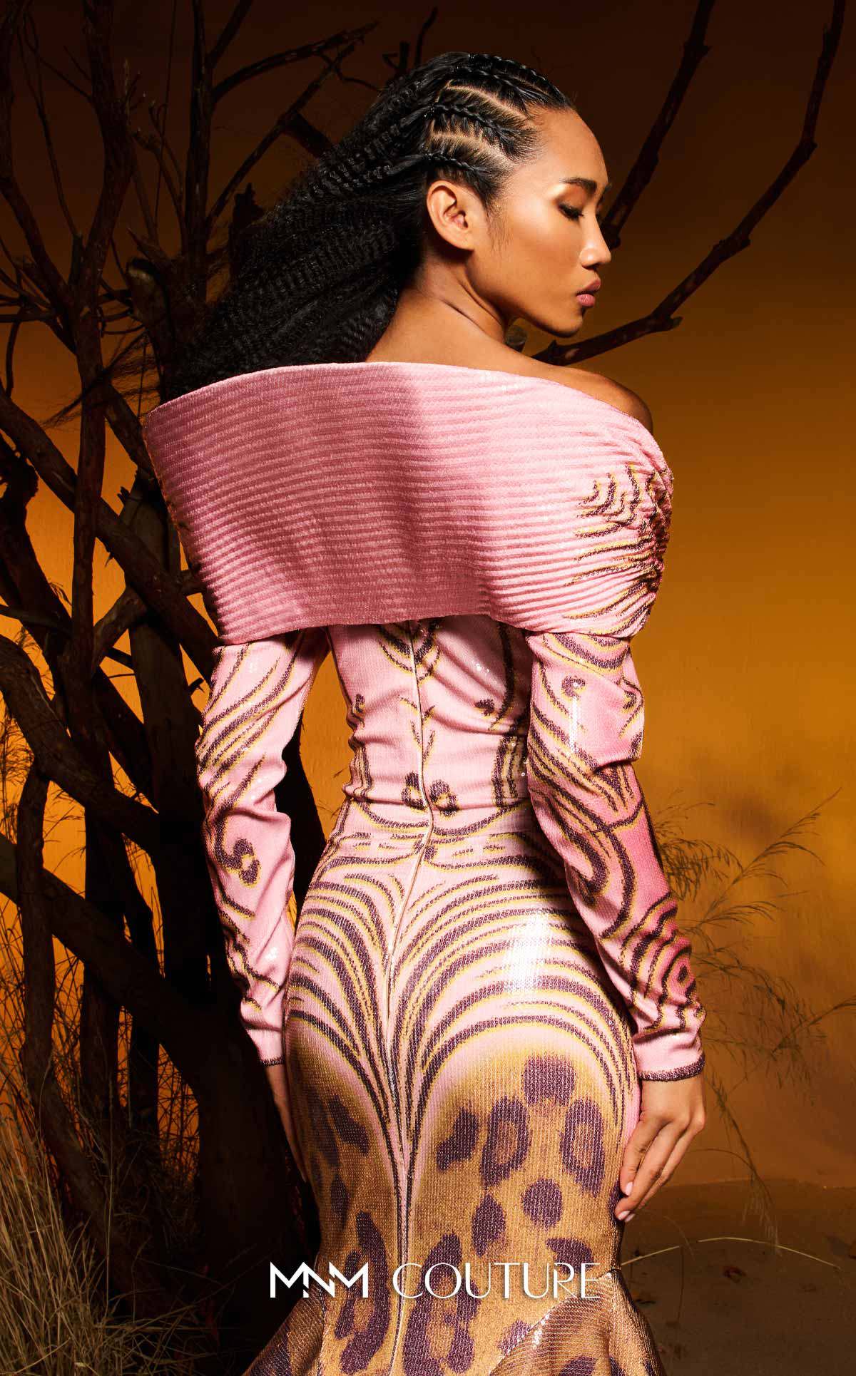 Off-Shoulder Mermaid Sequin Gown by MNM Couture F02973 in Pink