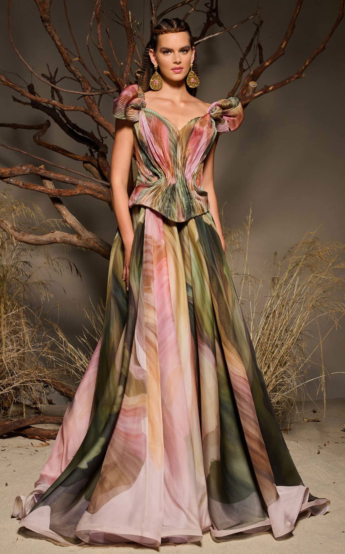 Off-Shoulder Pleated Satin Ball Gown by MNM Couture F02981 in Multicolor