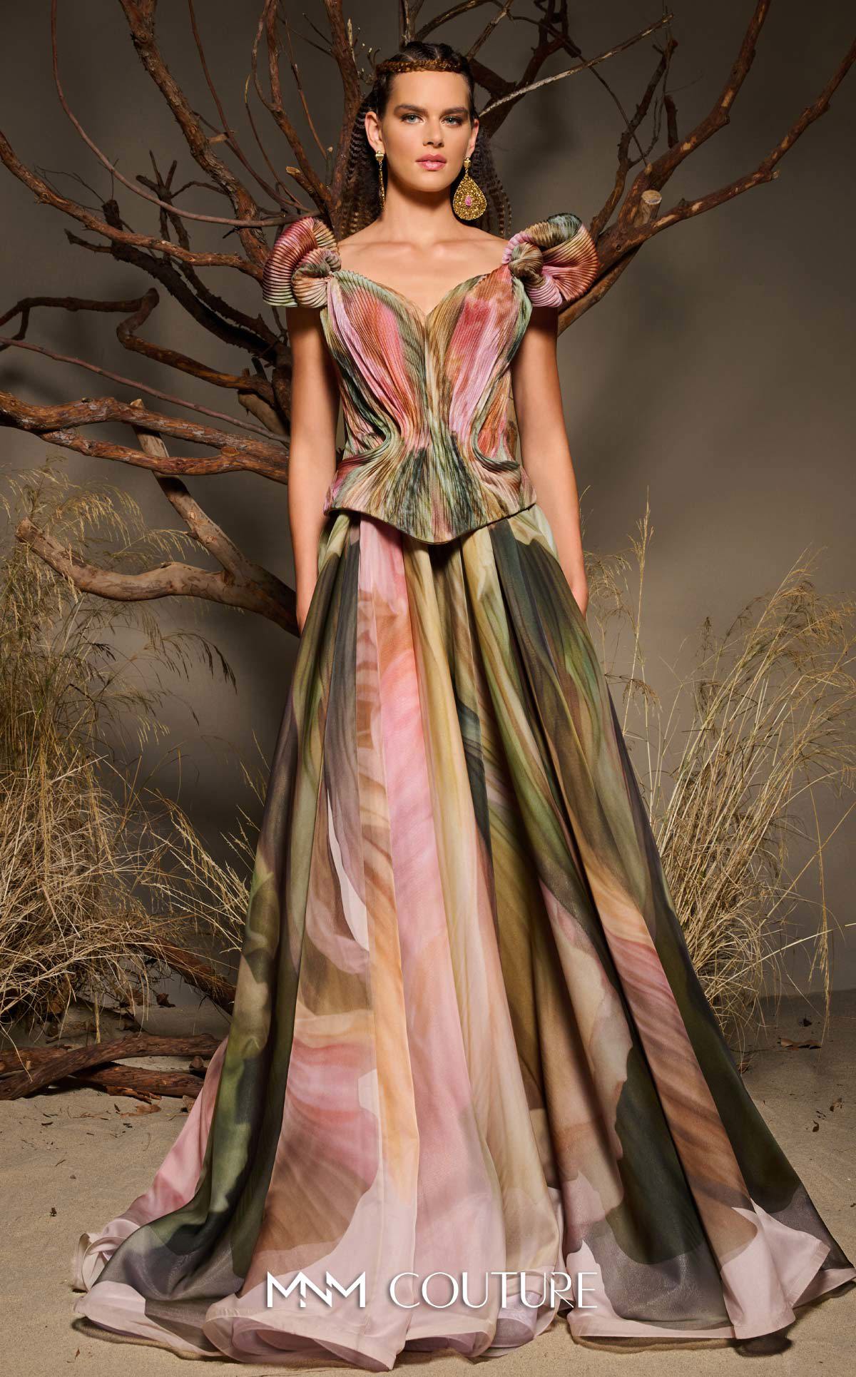 Off-Shoulder Pleated Satin Ball Gown by MNM Couture F02981 in Multicolor