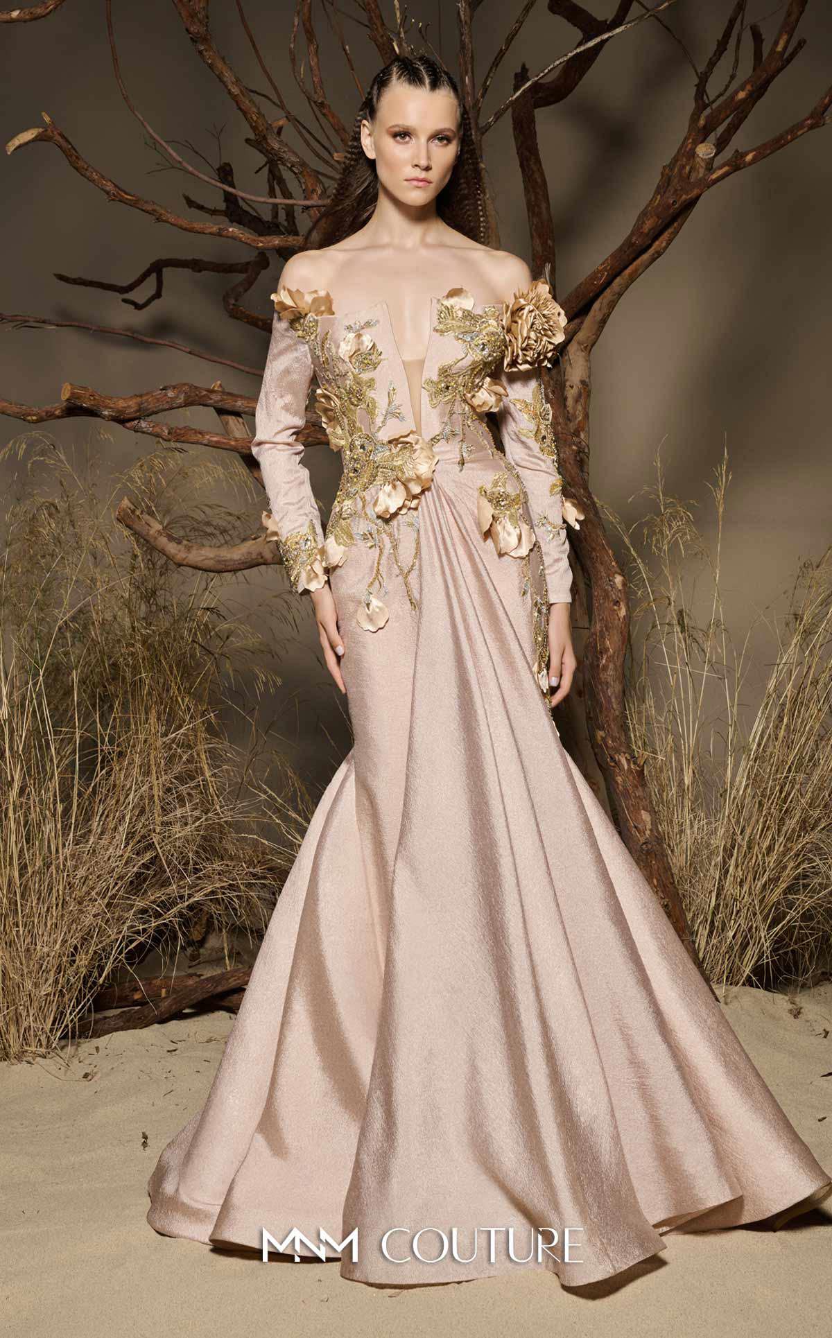 Beige Off-the-Shoulder Floor-Length Mikado Formal Dress Appliqué Mermaid Gown MNM Couture F02986